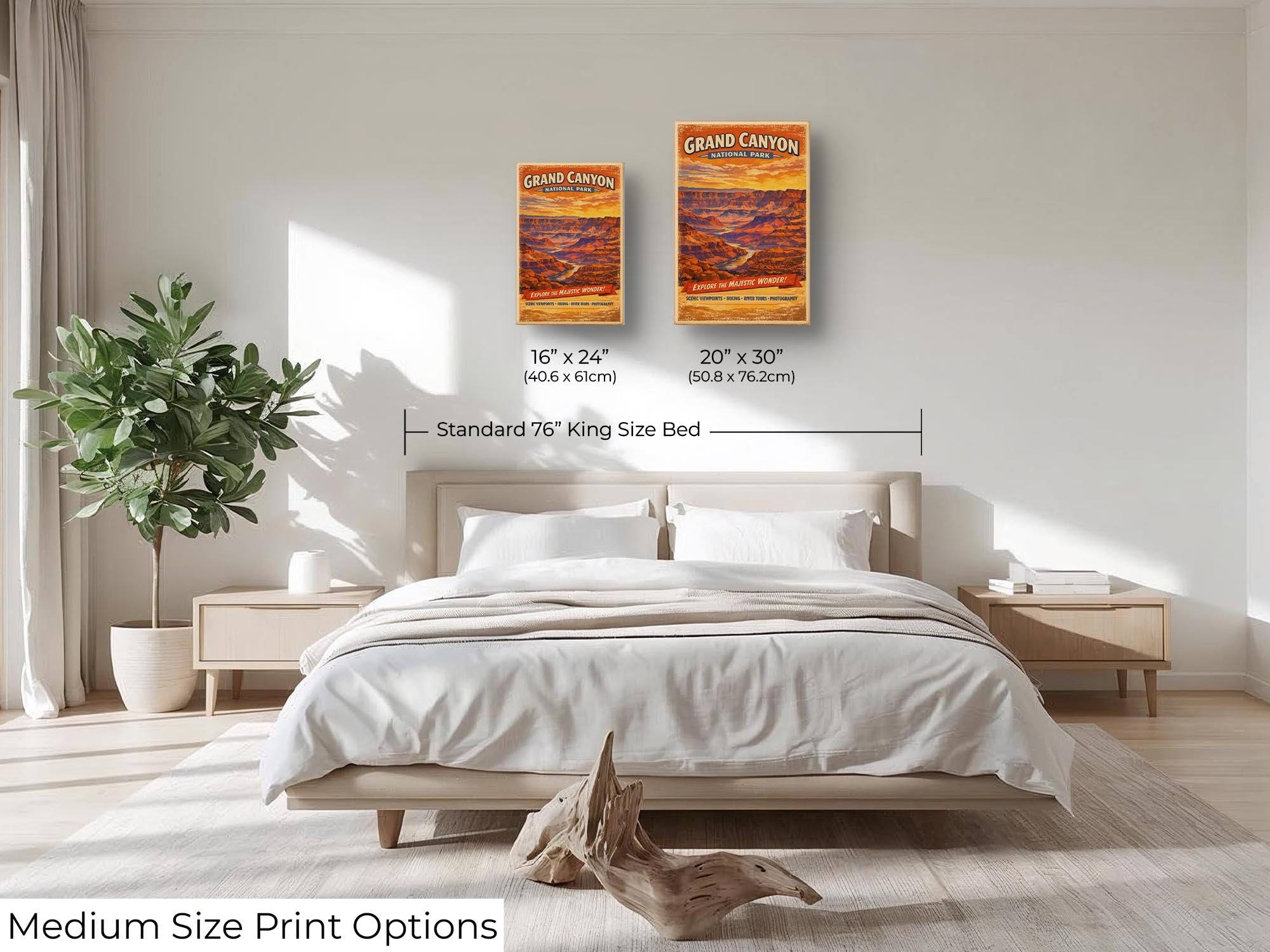 Grand Canyon National Park vintage style travel poster featuring Colorado River wall art size mockup showing 16x24 and 20x30 inch prints above a king size bed 
