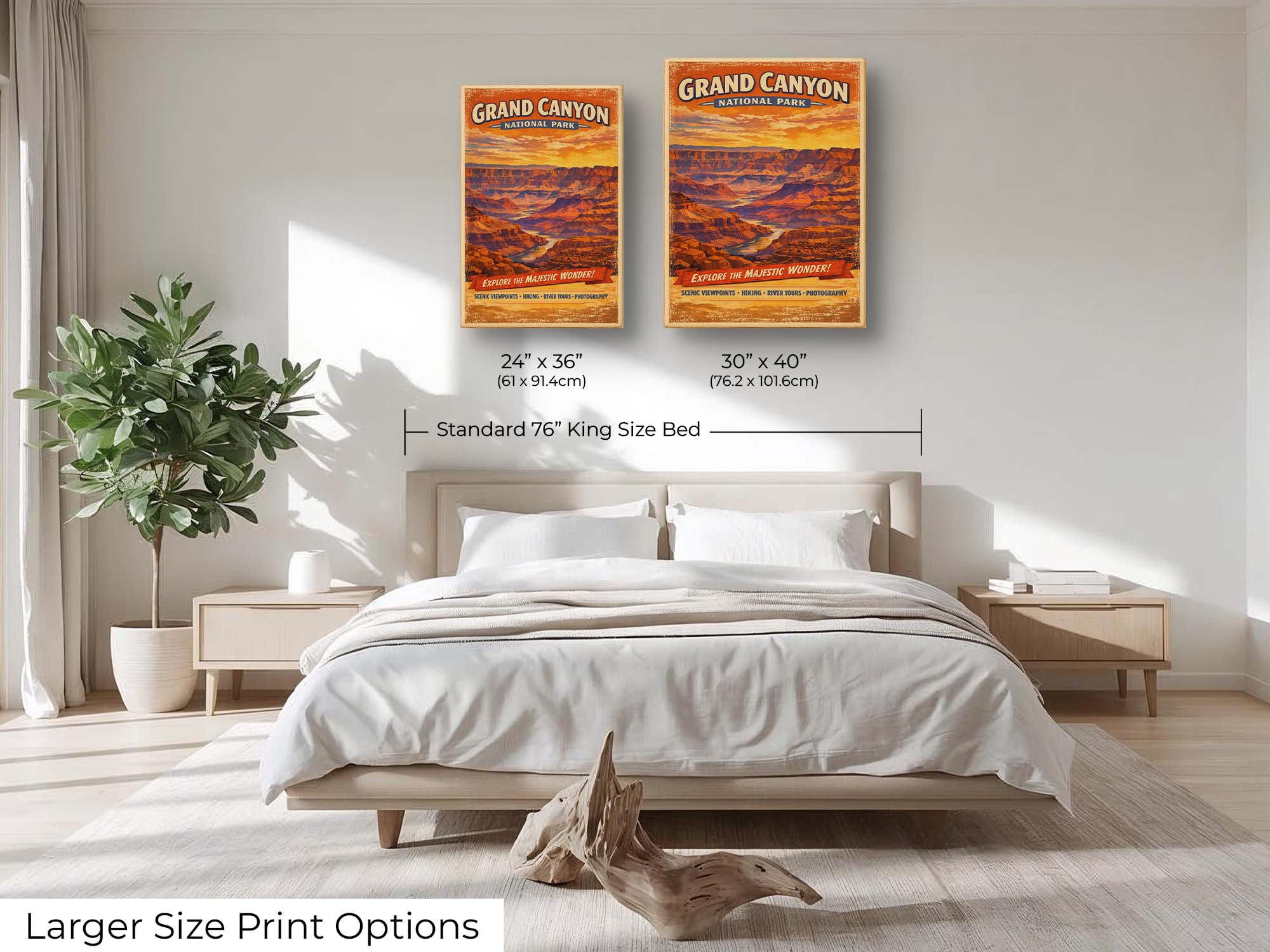 Grand Canyon National Park vintage style travel poster featuring Colorado River wall art size mockup showing 24x36 and 30x40 inch prints above a king size bed 