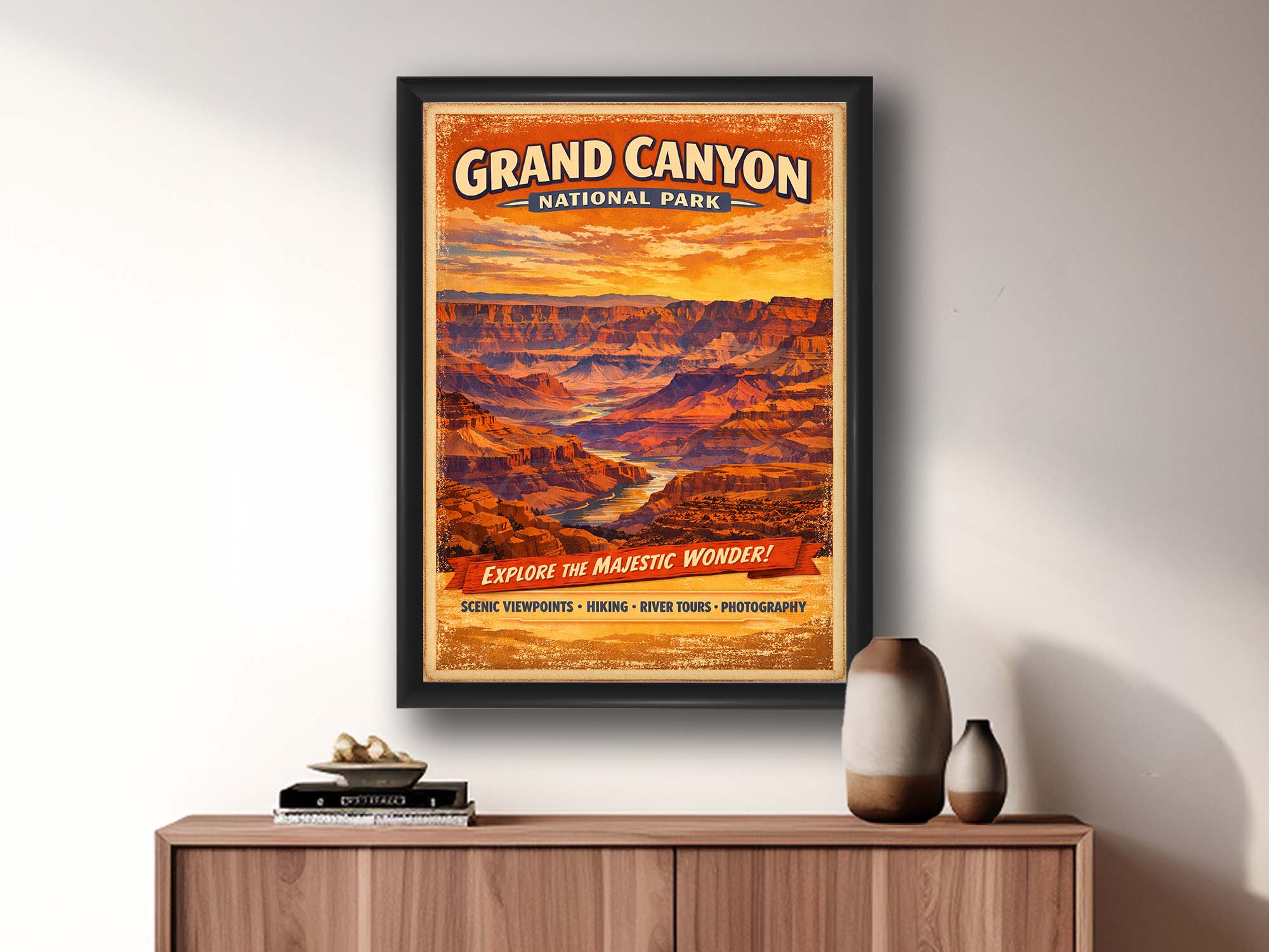 Grand Canyon National Park vintage style travel poster featuring Colorado River in black frame styled above a wooden console in a bright entryway