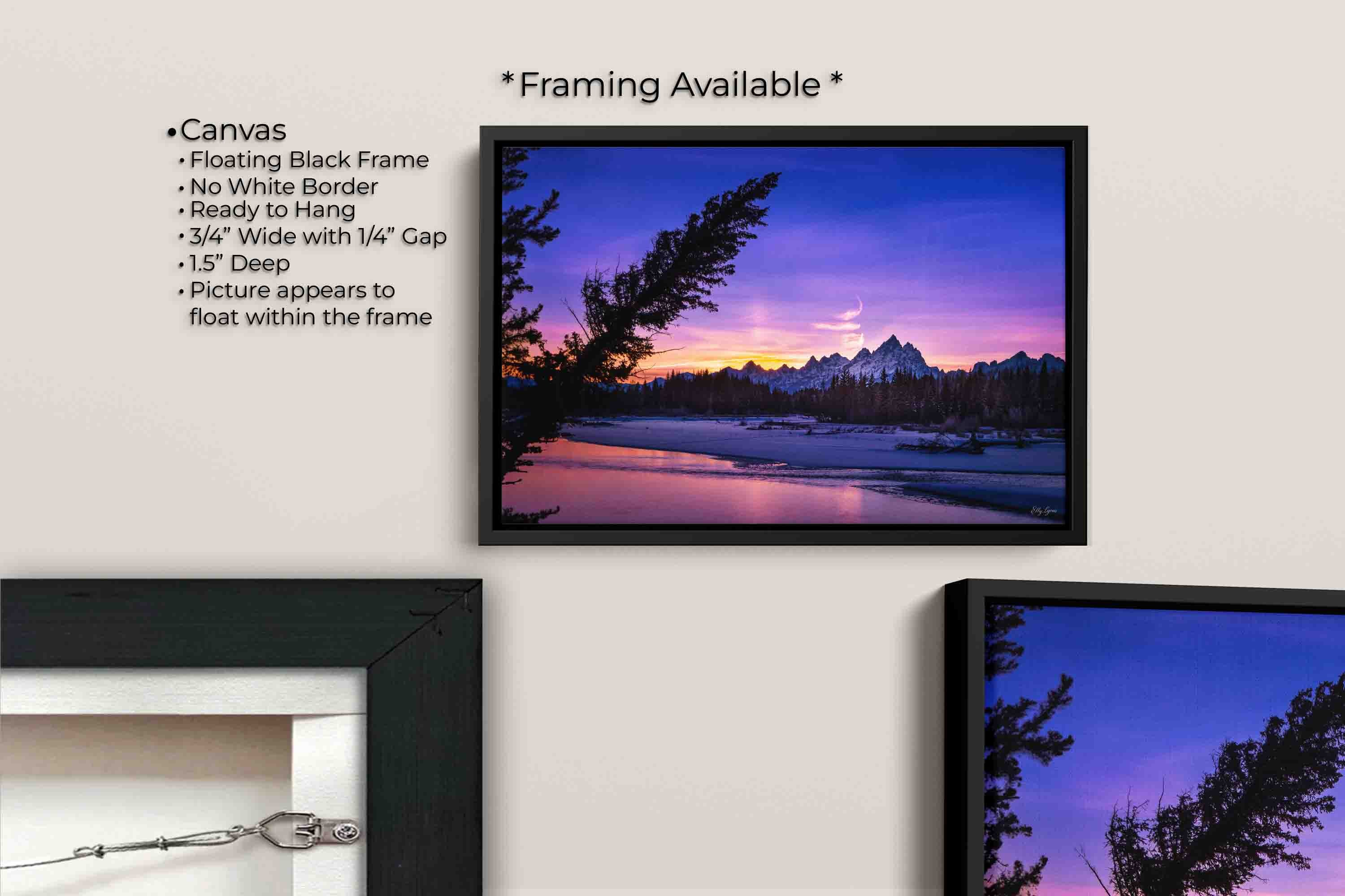 Grand Teton National Park, Snake River sunset fine art print canvas wall art in black float frame, canvas framing option details