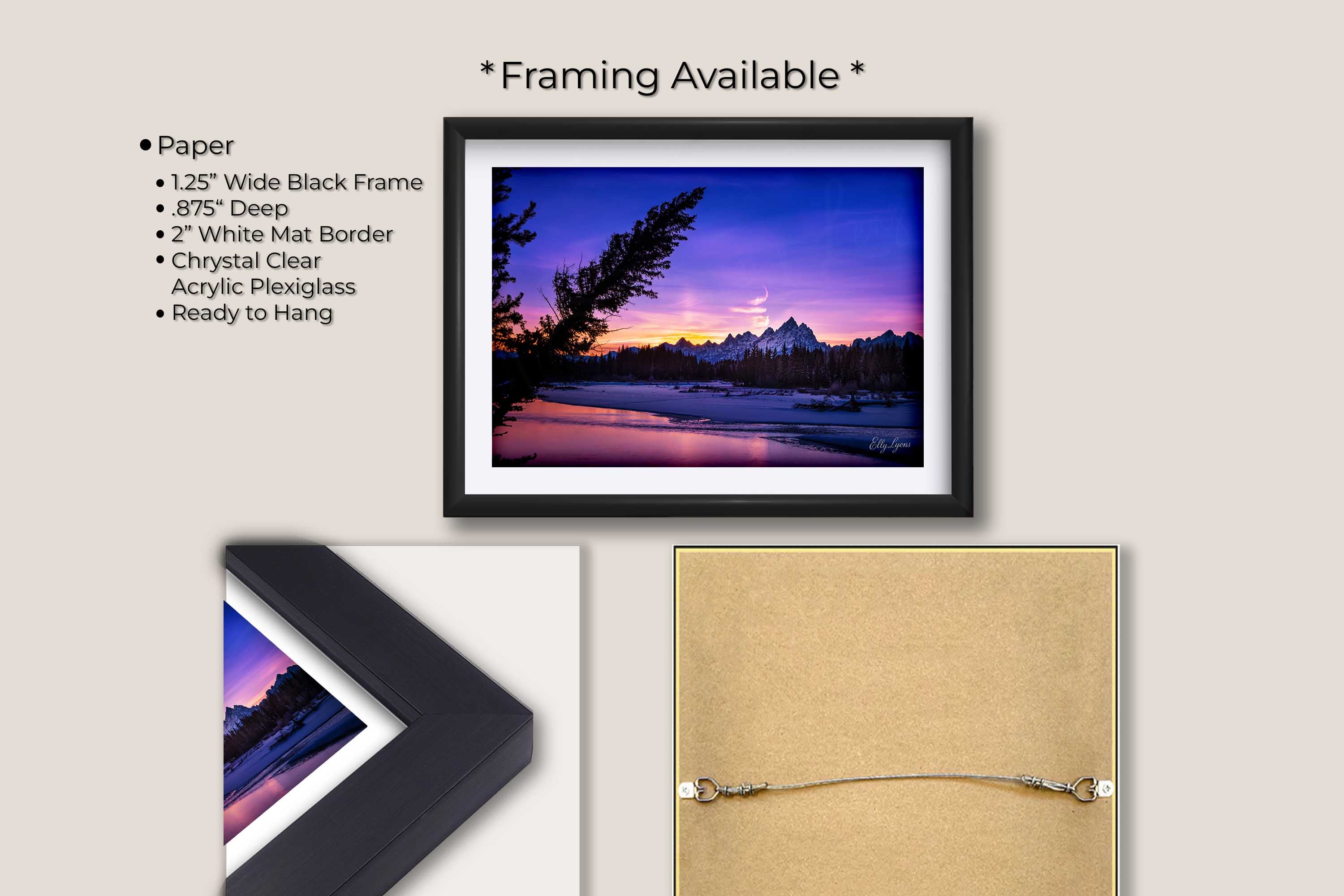 Grand Teton National Park, Snake River sunset fine art print in black frame with white mat, paper and framing option details