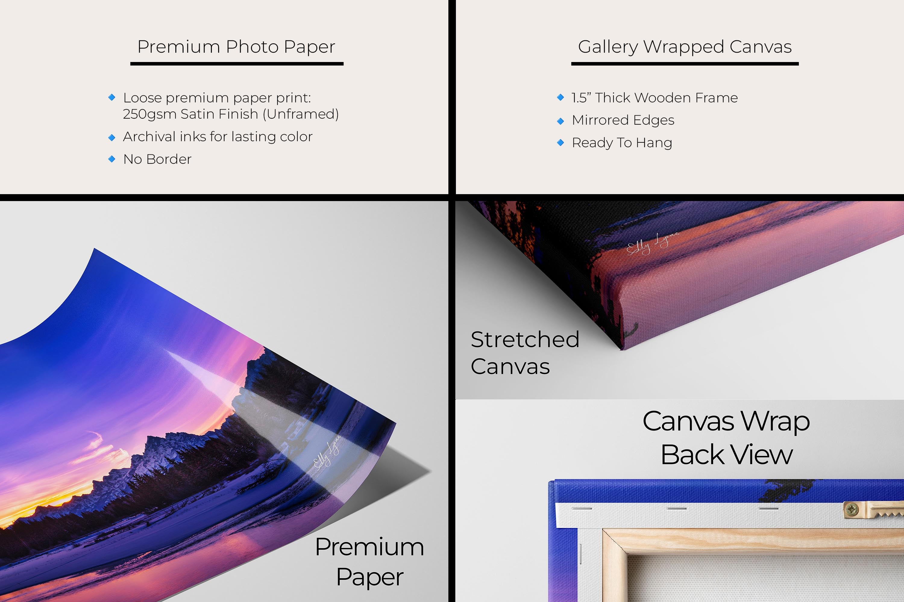 Grand Teton National Park, Snake River sunset fine art print artwork materials mockup showing premium photo paper and gallery wrapped canvas close up