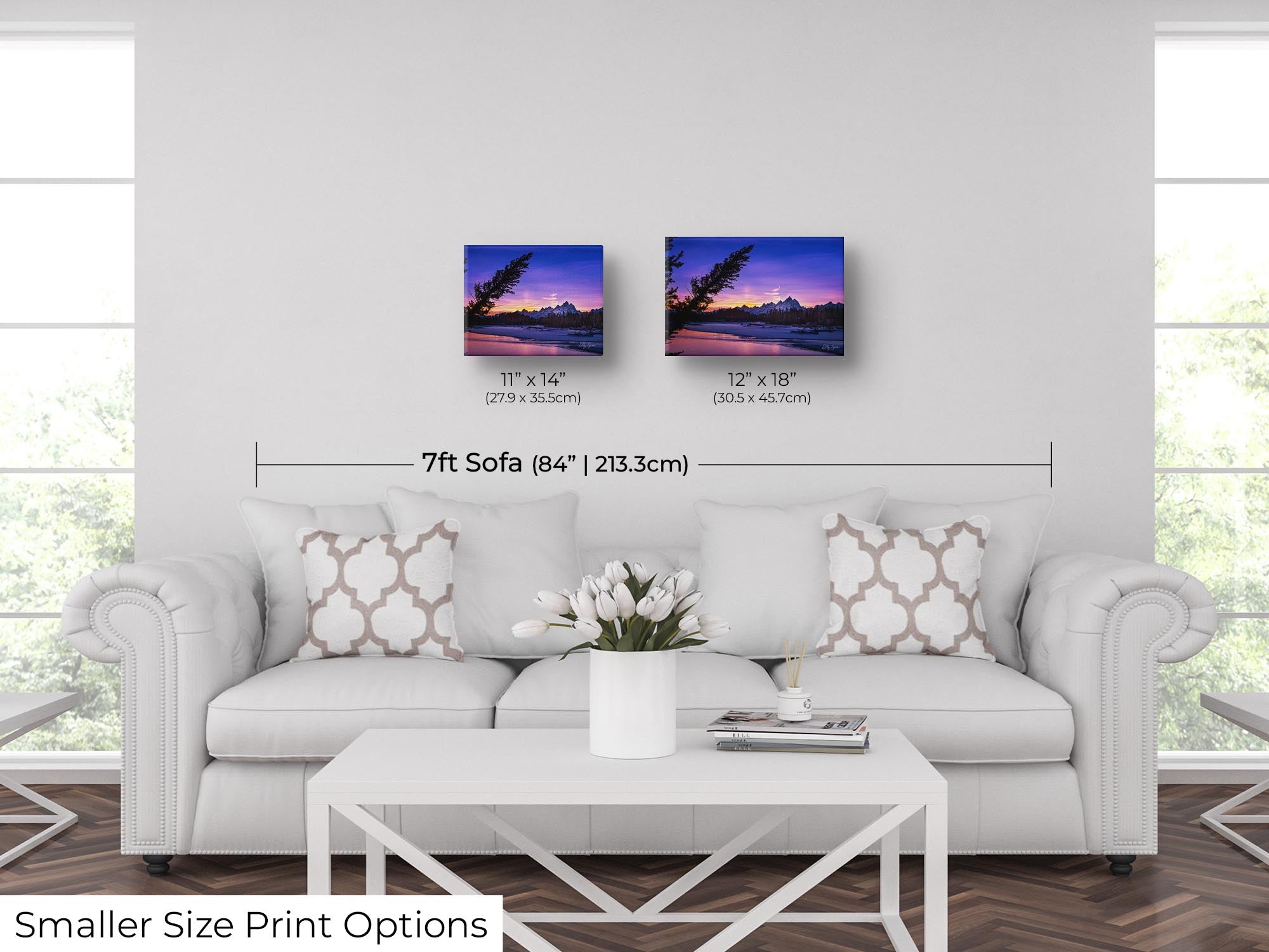 Grand Teton National Park, Snake River sunset fine art print wall art size mockup showing 11x14 and 12x18 inch prints above a seven foot sofa