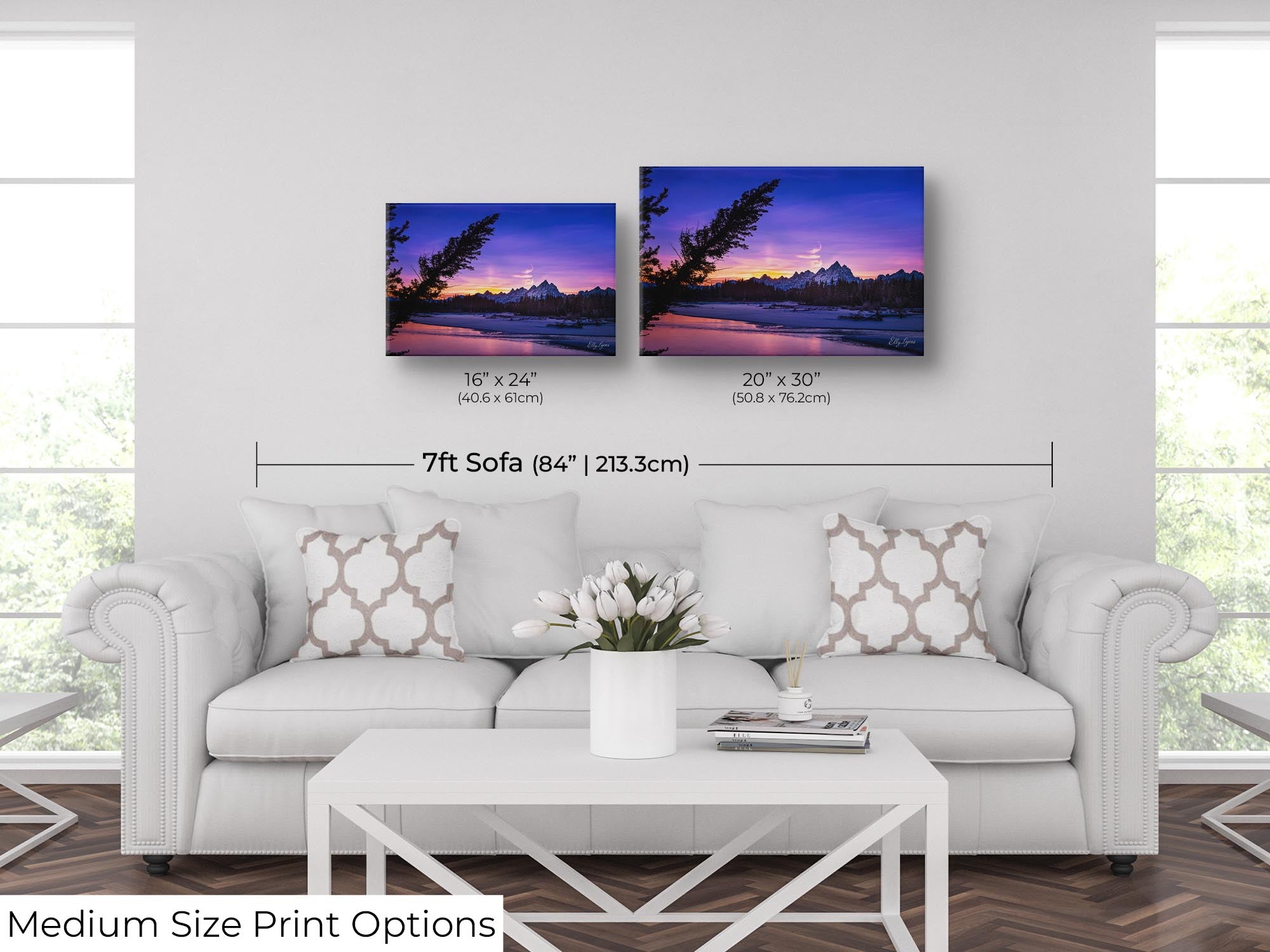 Grand Teton National Park, Snake River sunset fine art print wall art size mockup showing 16x24 and 20x30 inch prints above a seven foot sofa