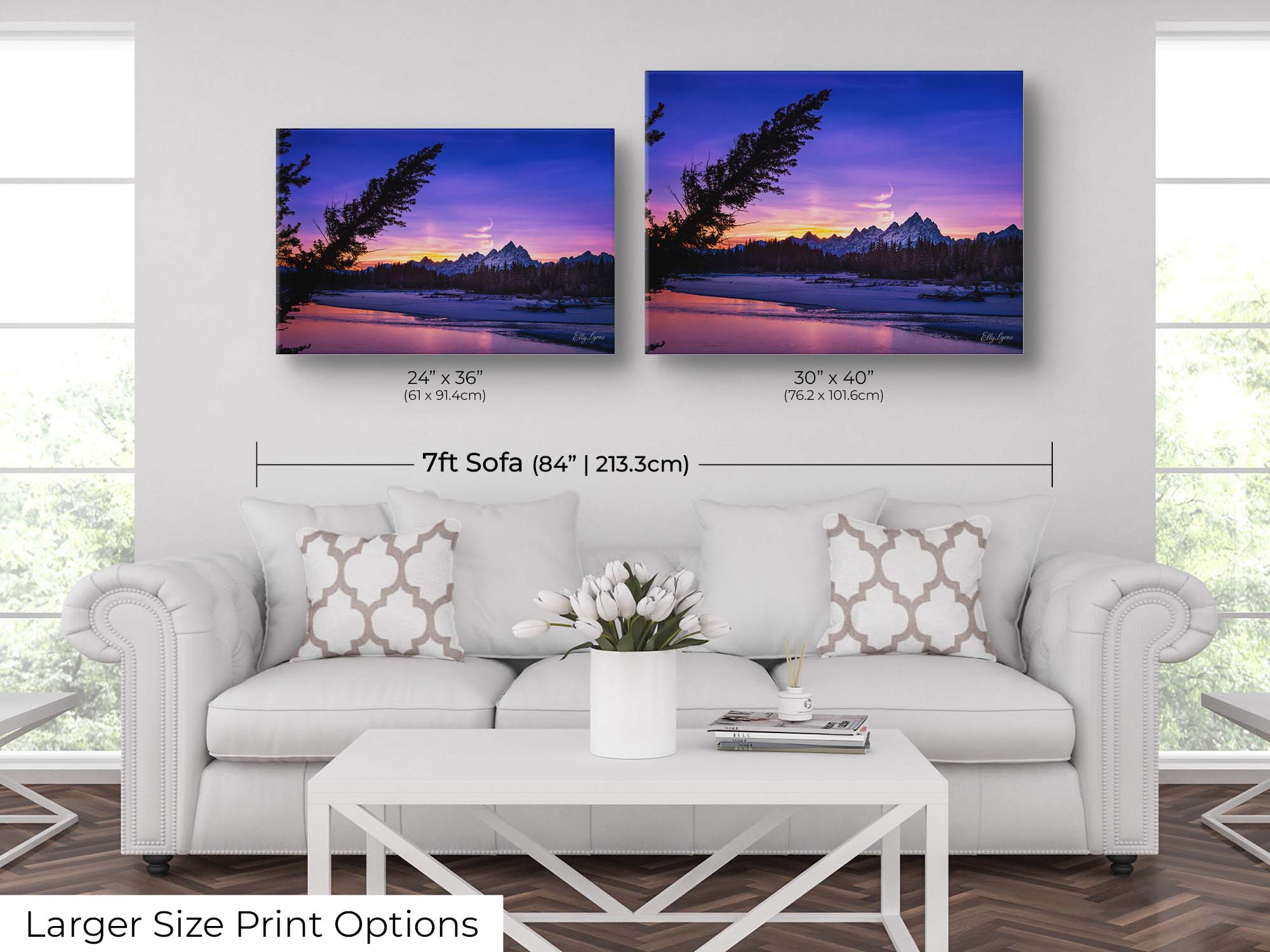 Grand Teton National Park, Snake River sunset fine art print wall art size mockup showing 24x36 and 30x40 inch prints above a seven foot sofa