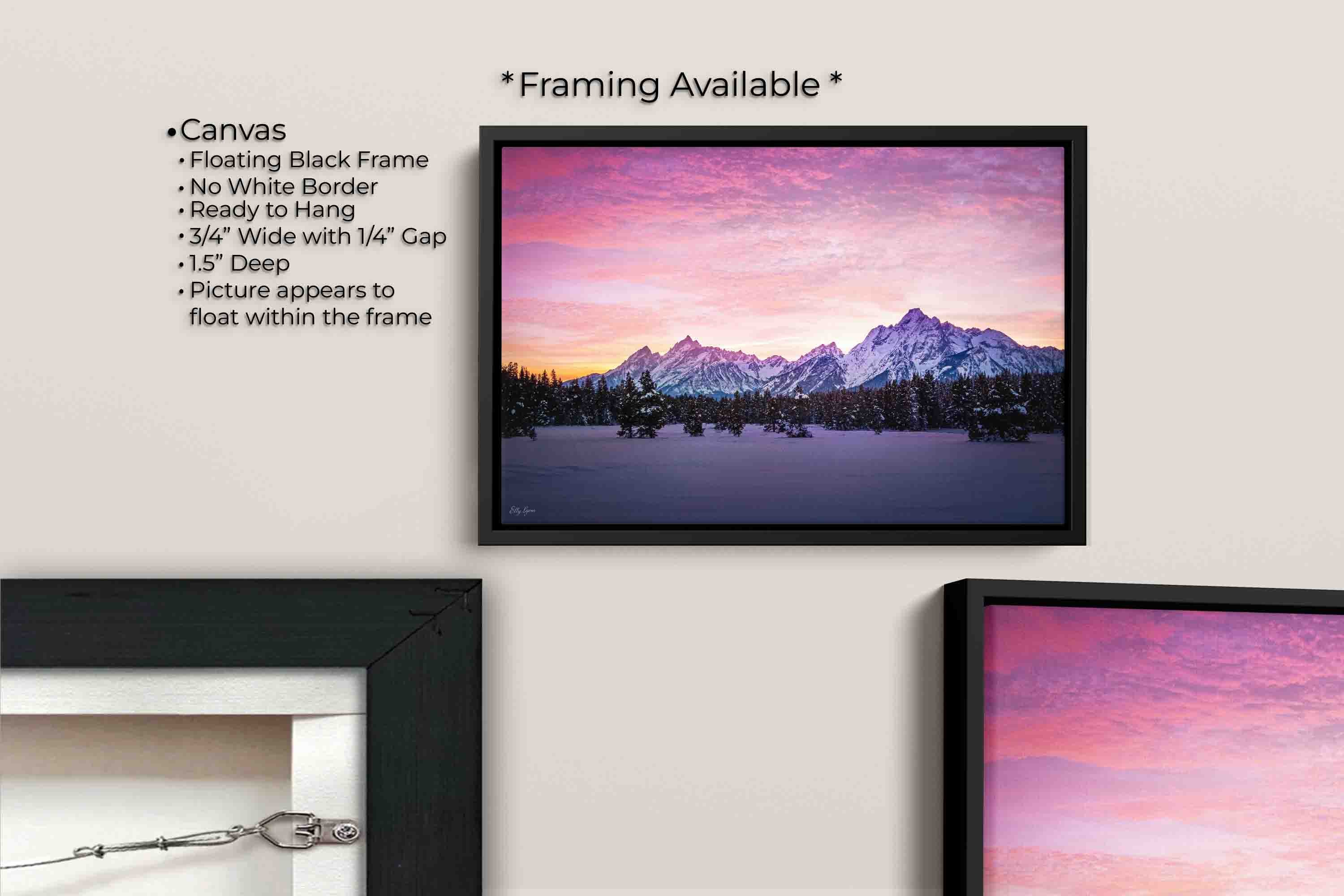 Grand Teton National Park winter sunset fine art print canvas wall art in black float frame, canvas framing option details