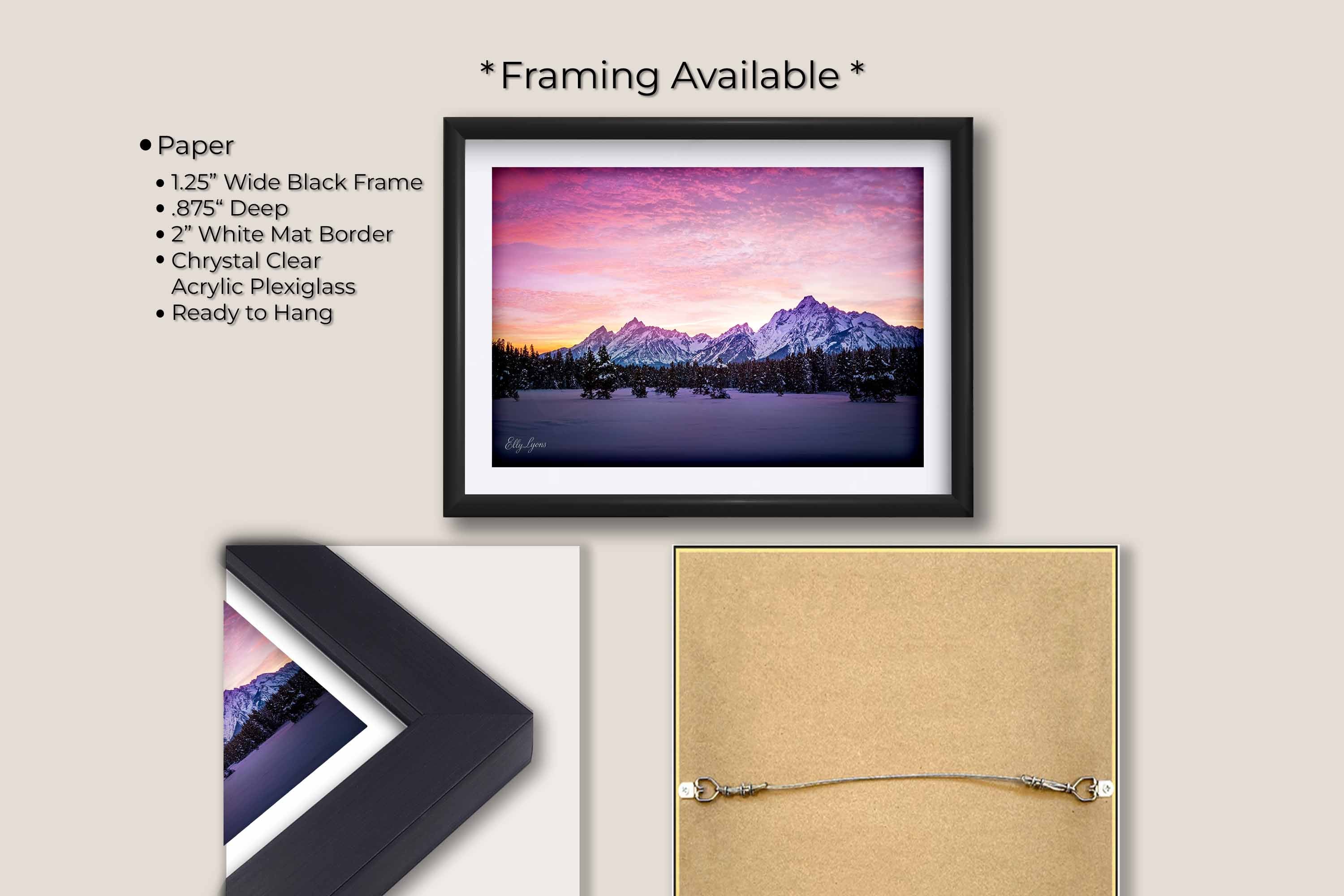 Grand Teton National Park winter sunset fine art print in black frame with white mat, paper and framing option details