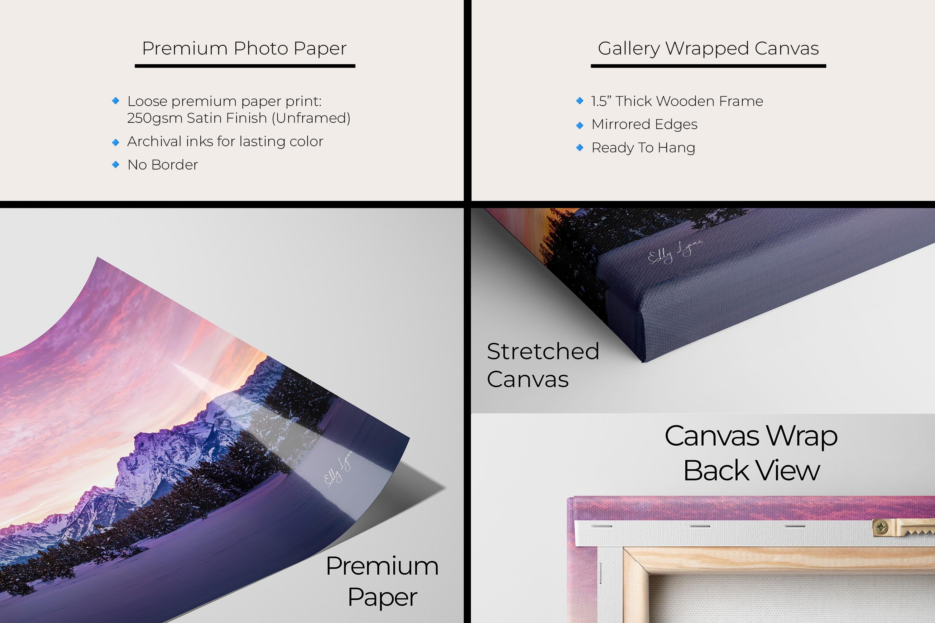Grand Teton National Park winter sunset fine art print artwork materials mockup showing premium photo paper and gallery wrapped canvas close up