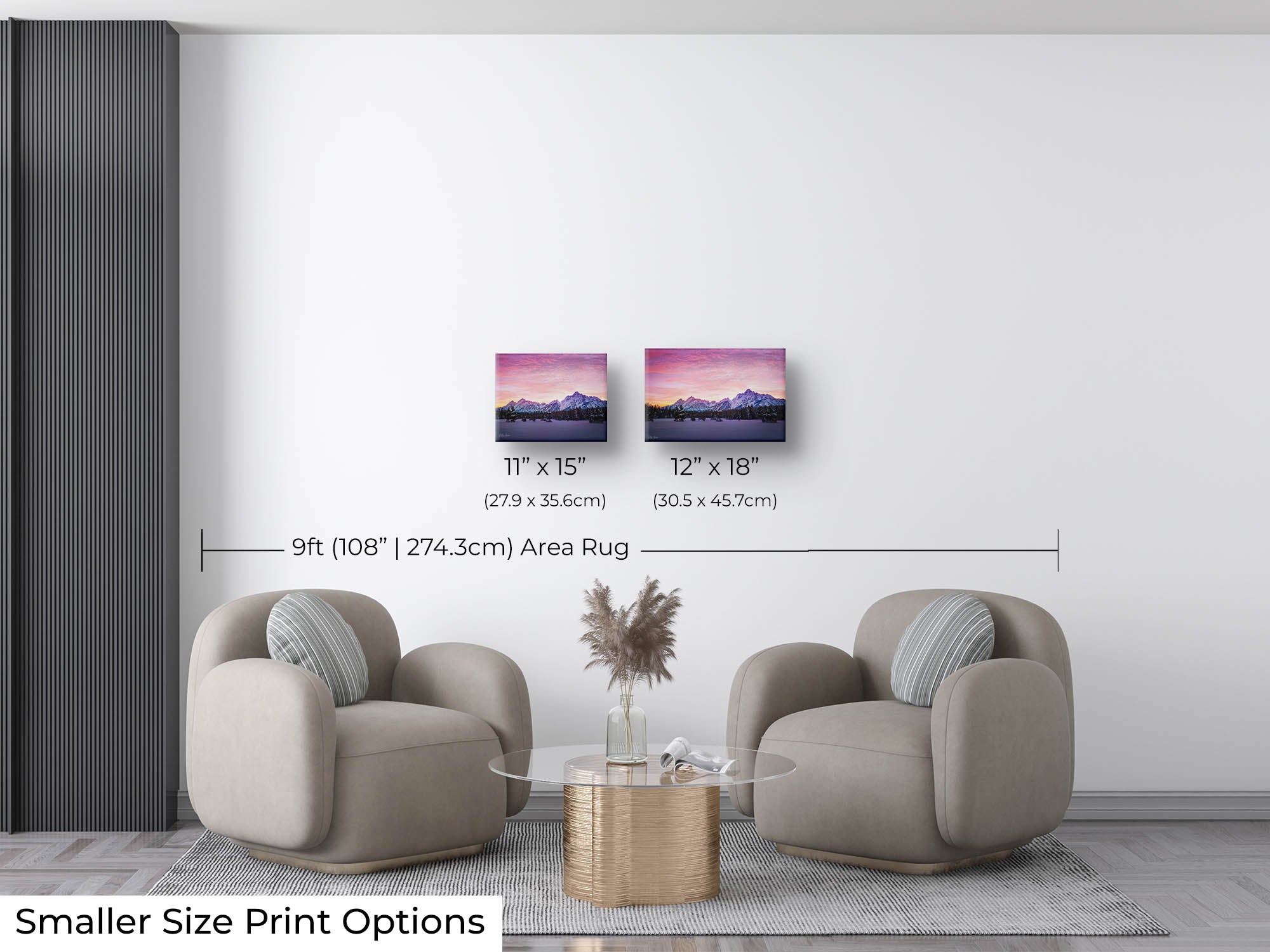 Grand Teton National Park winter sunset fine art print wall art size mockup showing 11x14 and 12x18 inch prints above two lounge chairs on a nine foot area rug