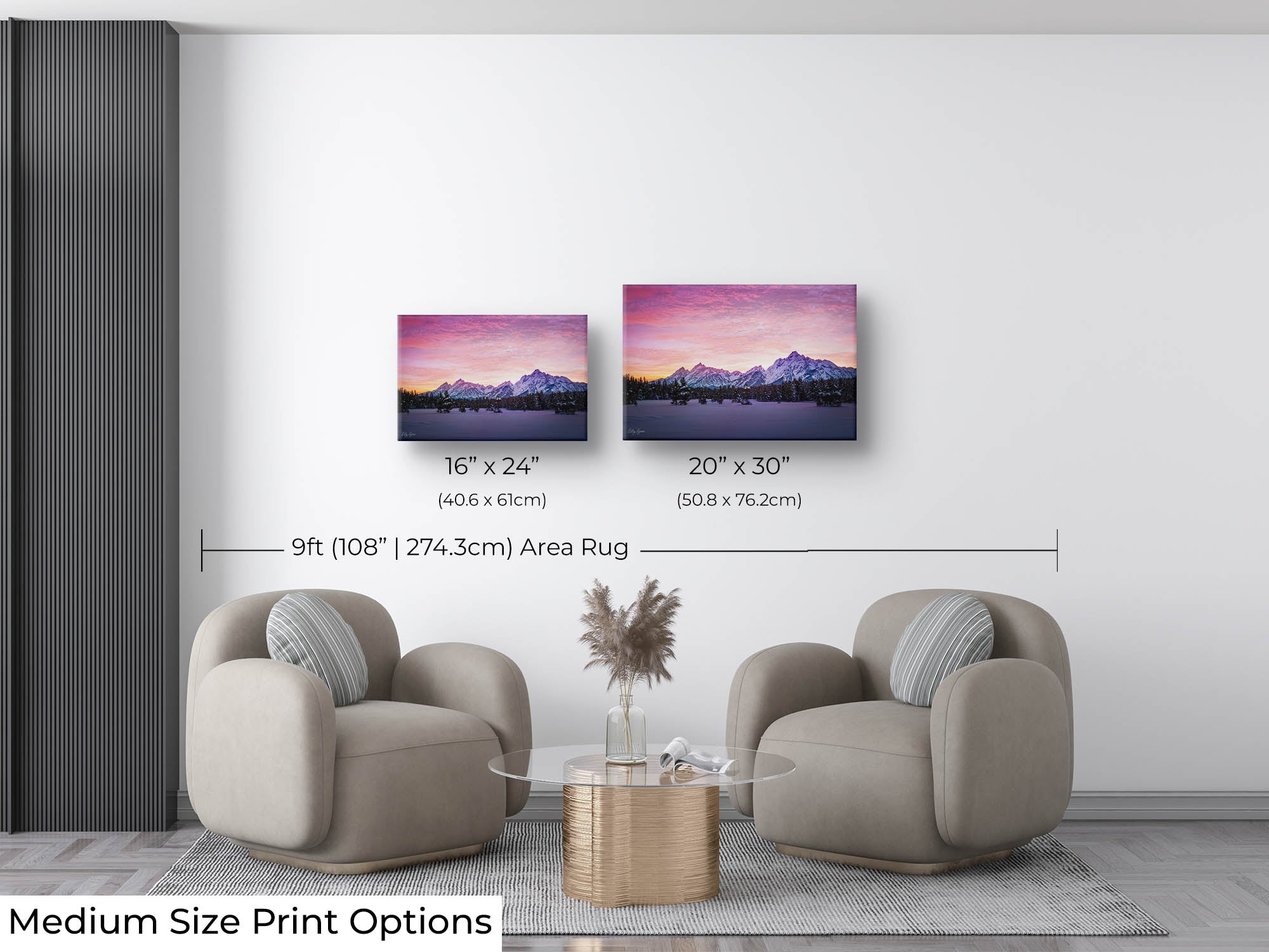 Grand Teton National Park winter sunset fine art print wall art size mockup showing 16x24 and 20x30 inch prints above two lounge chairs on a nine foot area rug