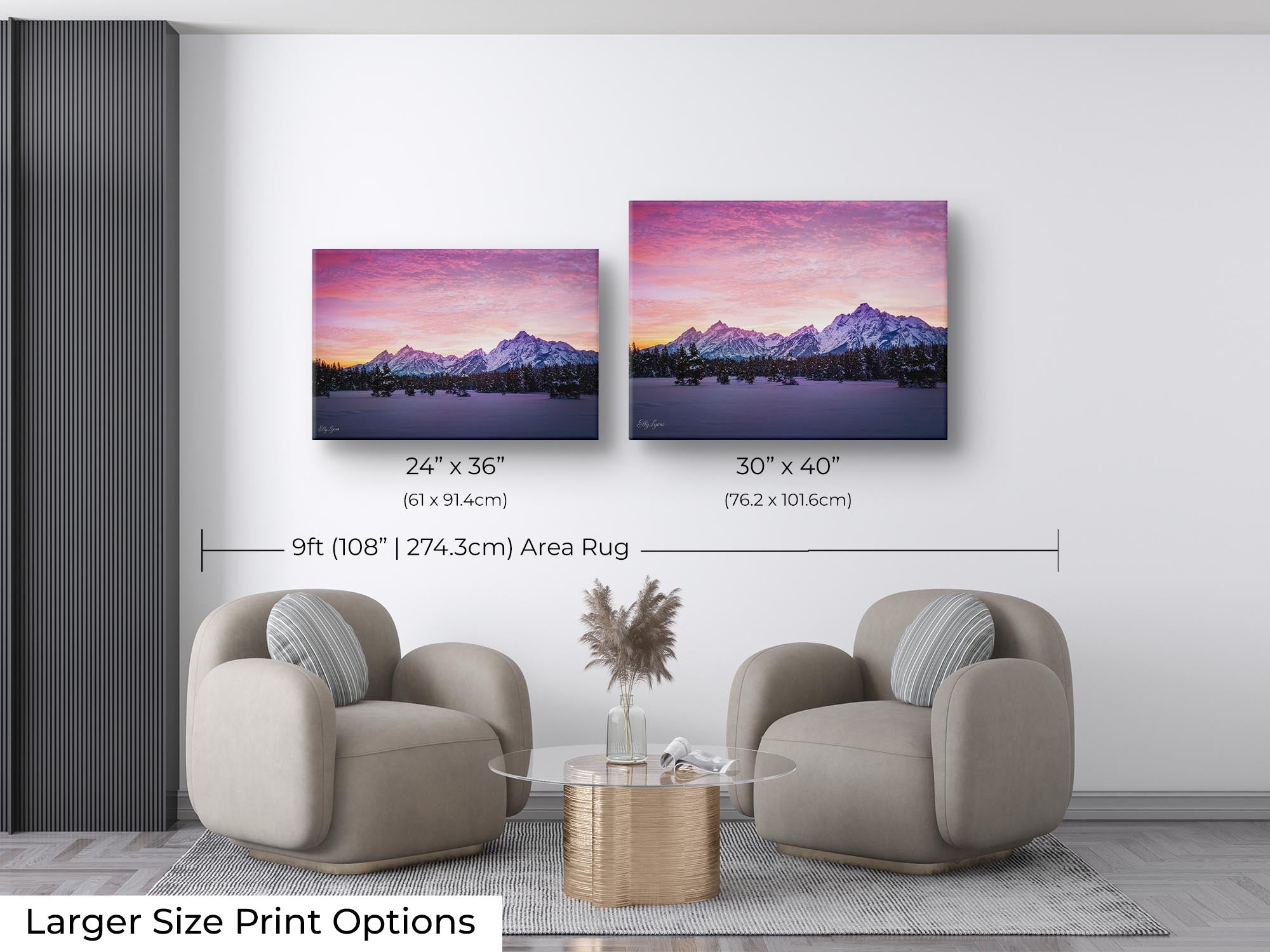 Grand Teton National Park winter sunset fine art print wall art size mockup showing 24x36 and 30x40 inch prints above two lounge chairs on a nine foot area rug