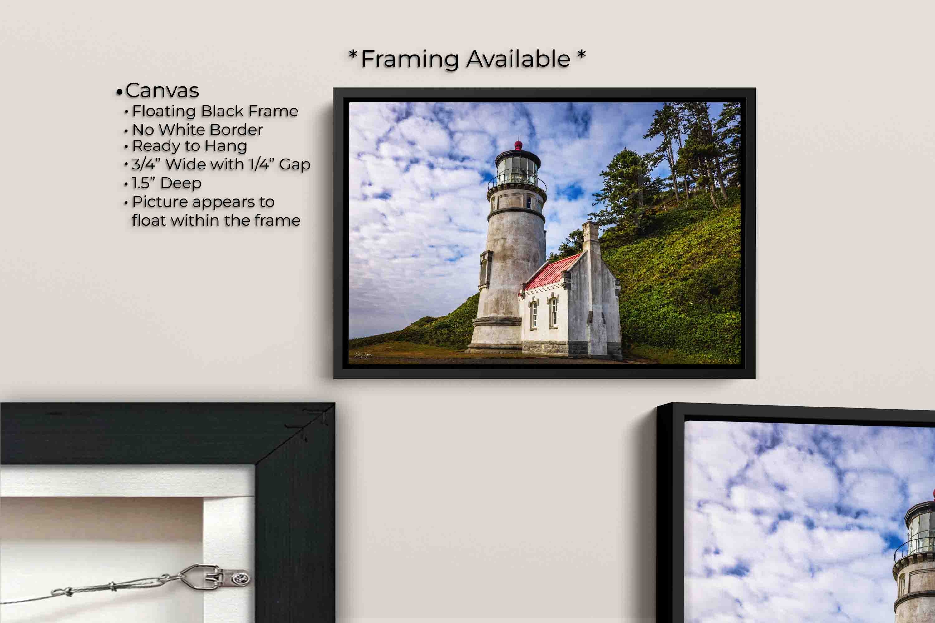 Haceata Head lighthouse fine art print canvas wall art in black float frame, canvas framing option details