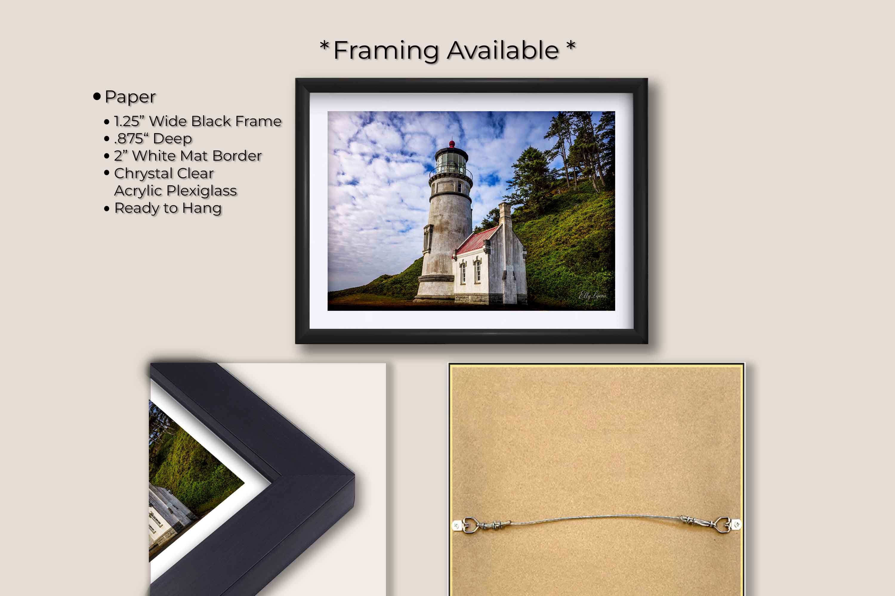Haceata Head lighthouse fine art print in black frame with white mat, paper and framing option details
