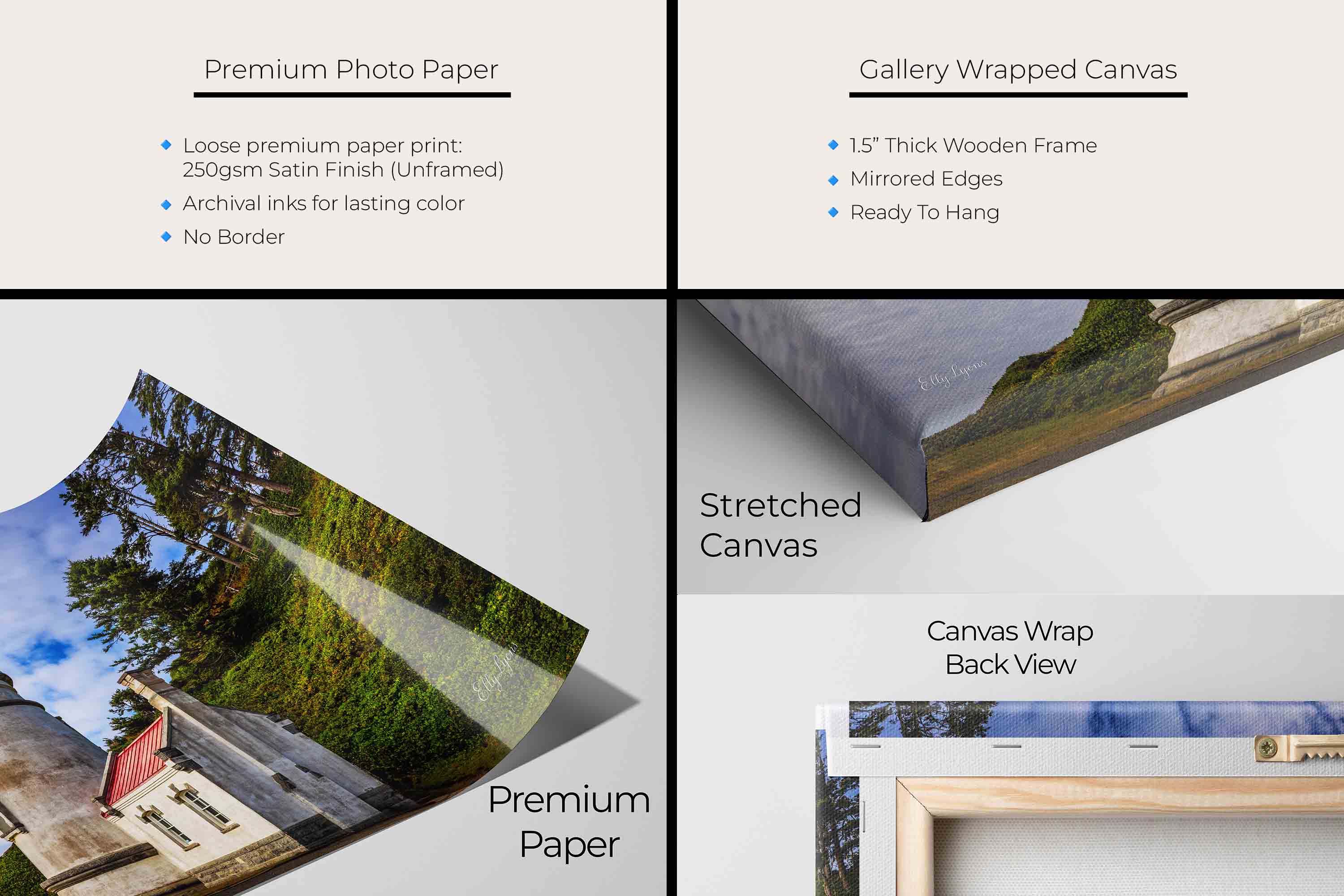 Haceata Head lighthouse fine art print artwork materials mockup showing premium photo paper and gallery wrapped canvas close up