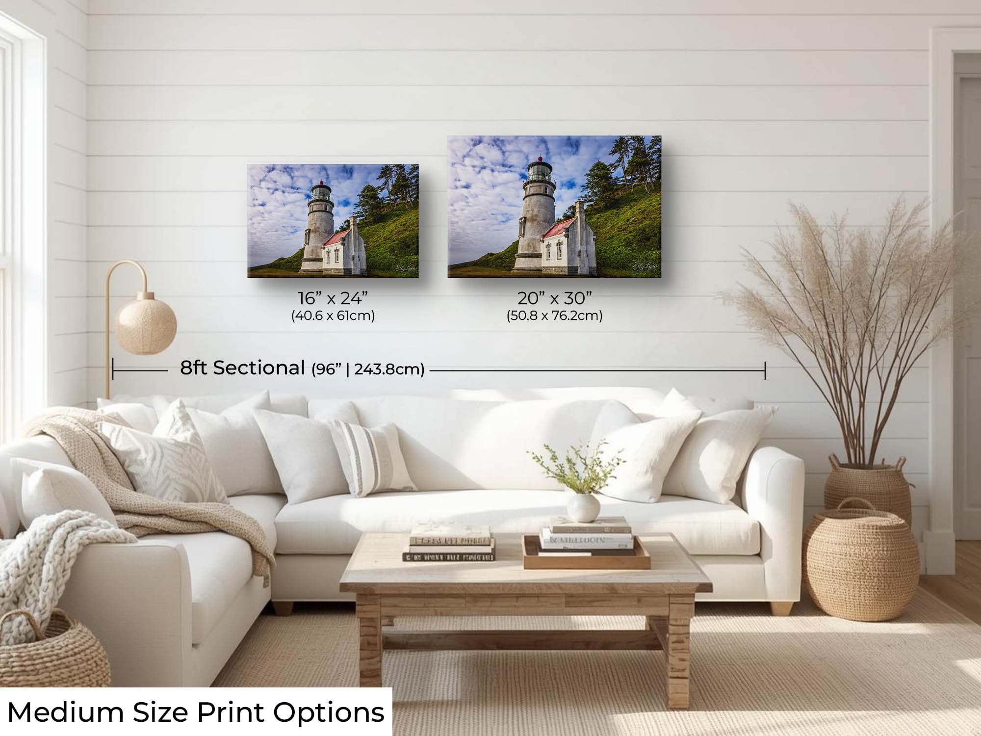 Haceata Head lighthouse fine art print wall art size mockup showing 16x24 and 20x30 inch prints above an eight foot sofa 