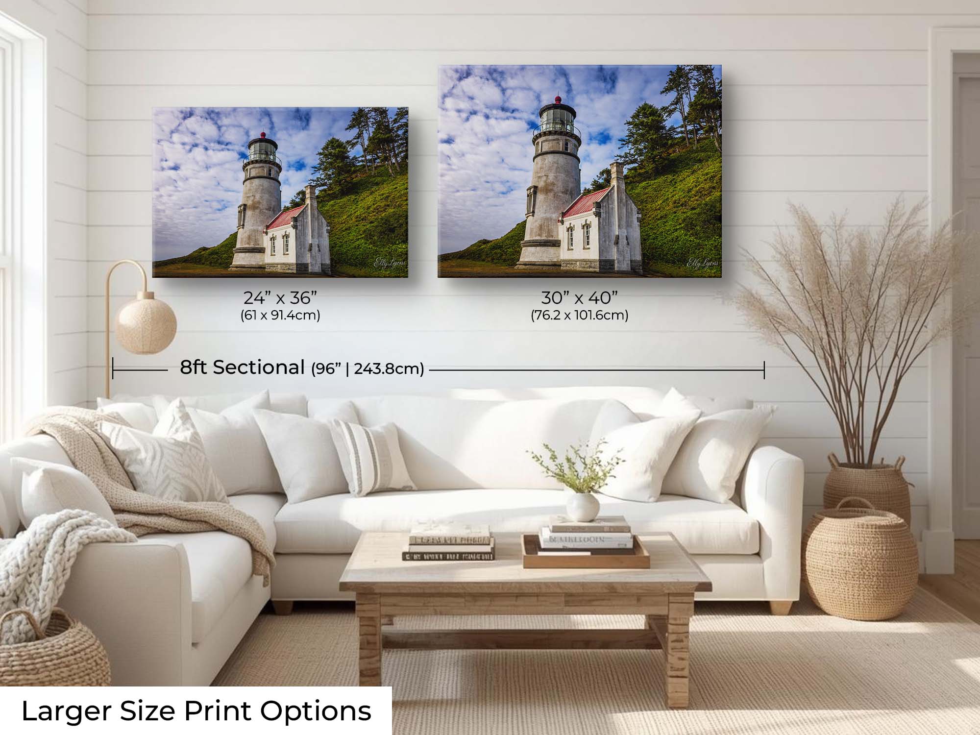 Haceata Head lighthouse fine art print wall art size mockup showing 24x36 and 30x40 inch prints above an eight foot sofa 