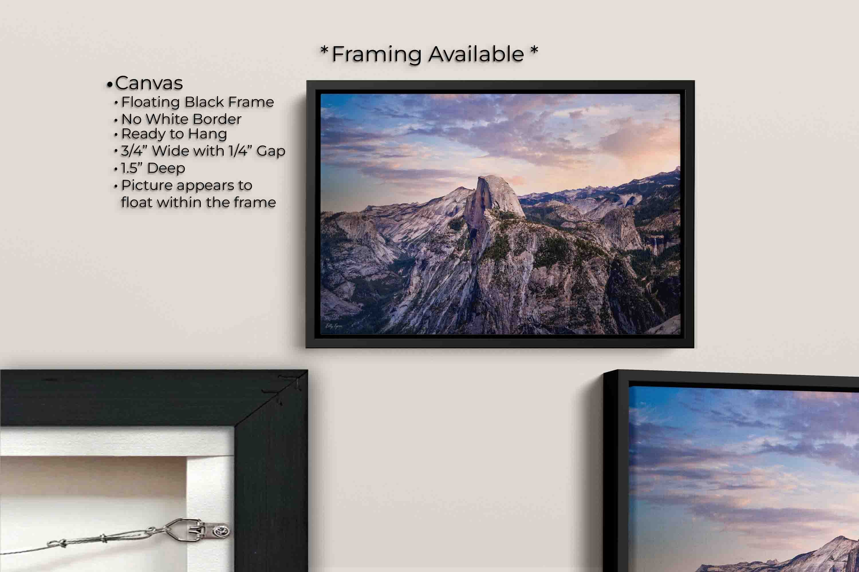 Yosemite National Park, Half Dome sunrise fine art print canvas wall art in black float frame, canvas framing option details