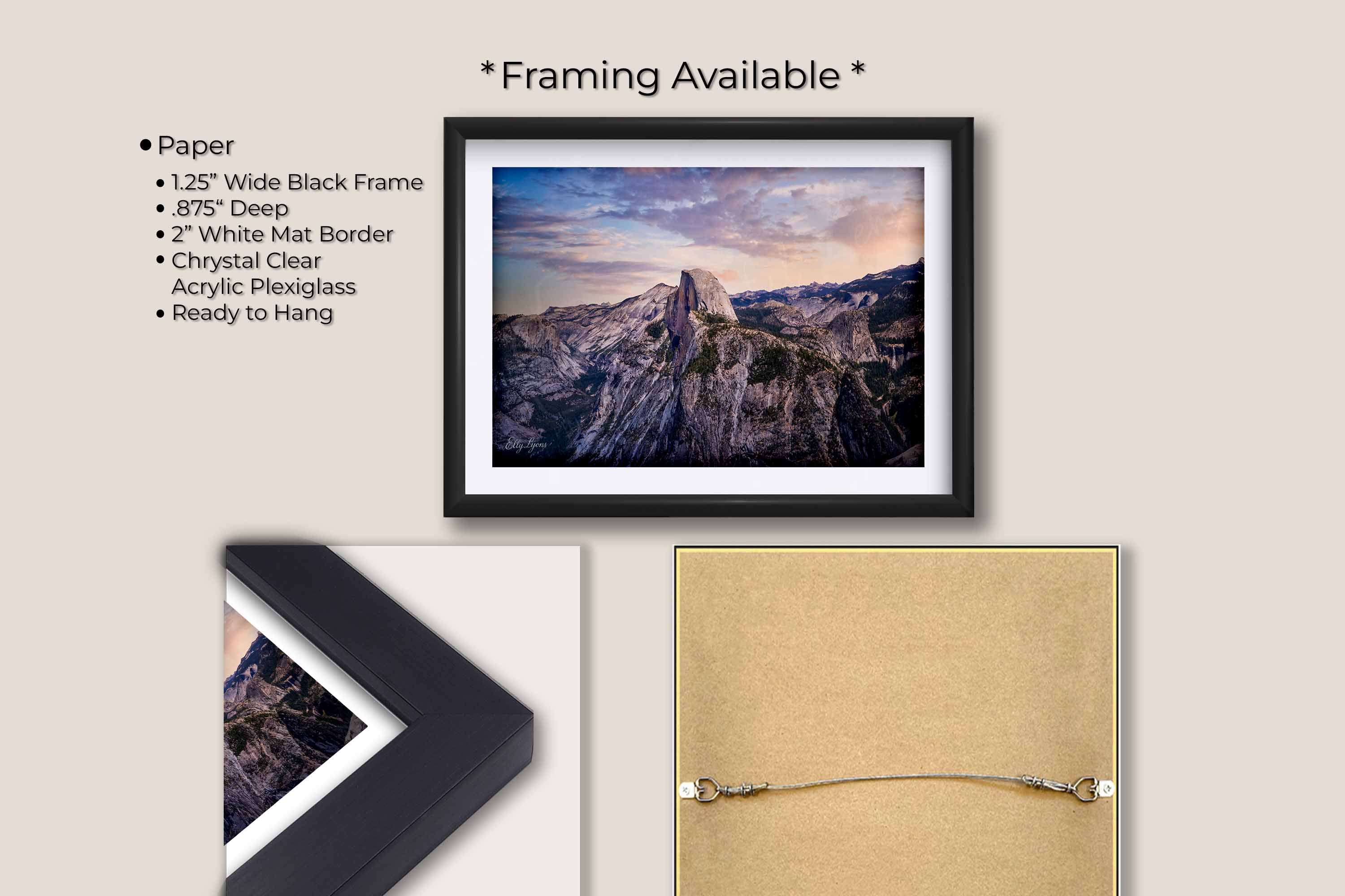 Yosemite National Park, Half Dome sunrise fine art print in black frame with white mat, paper and framing option details