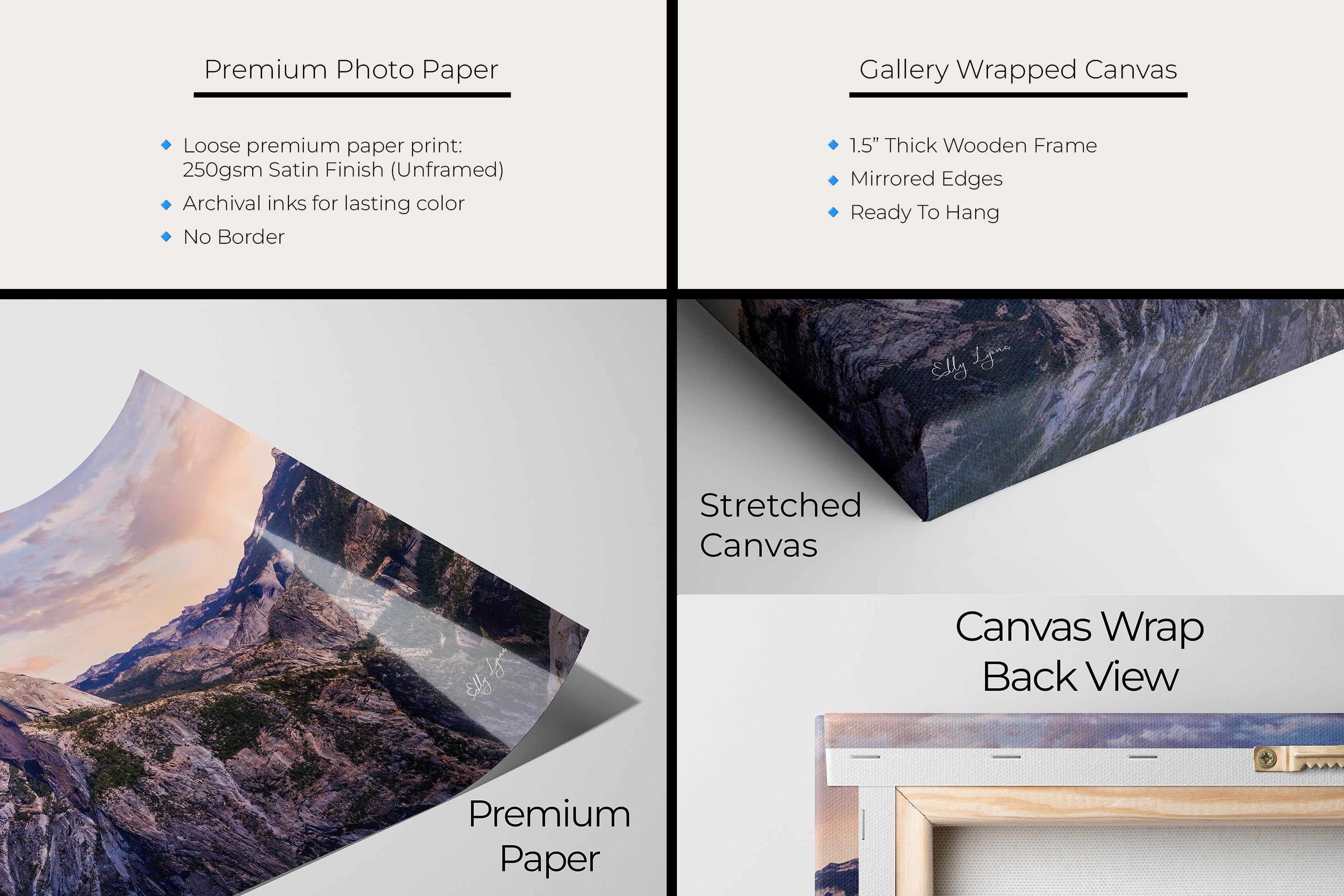 Yosemite National Park, Half Dome sunrise fine art print artwork materials mockup showing premium photo paper and gallery wrapped canvas close up