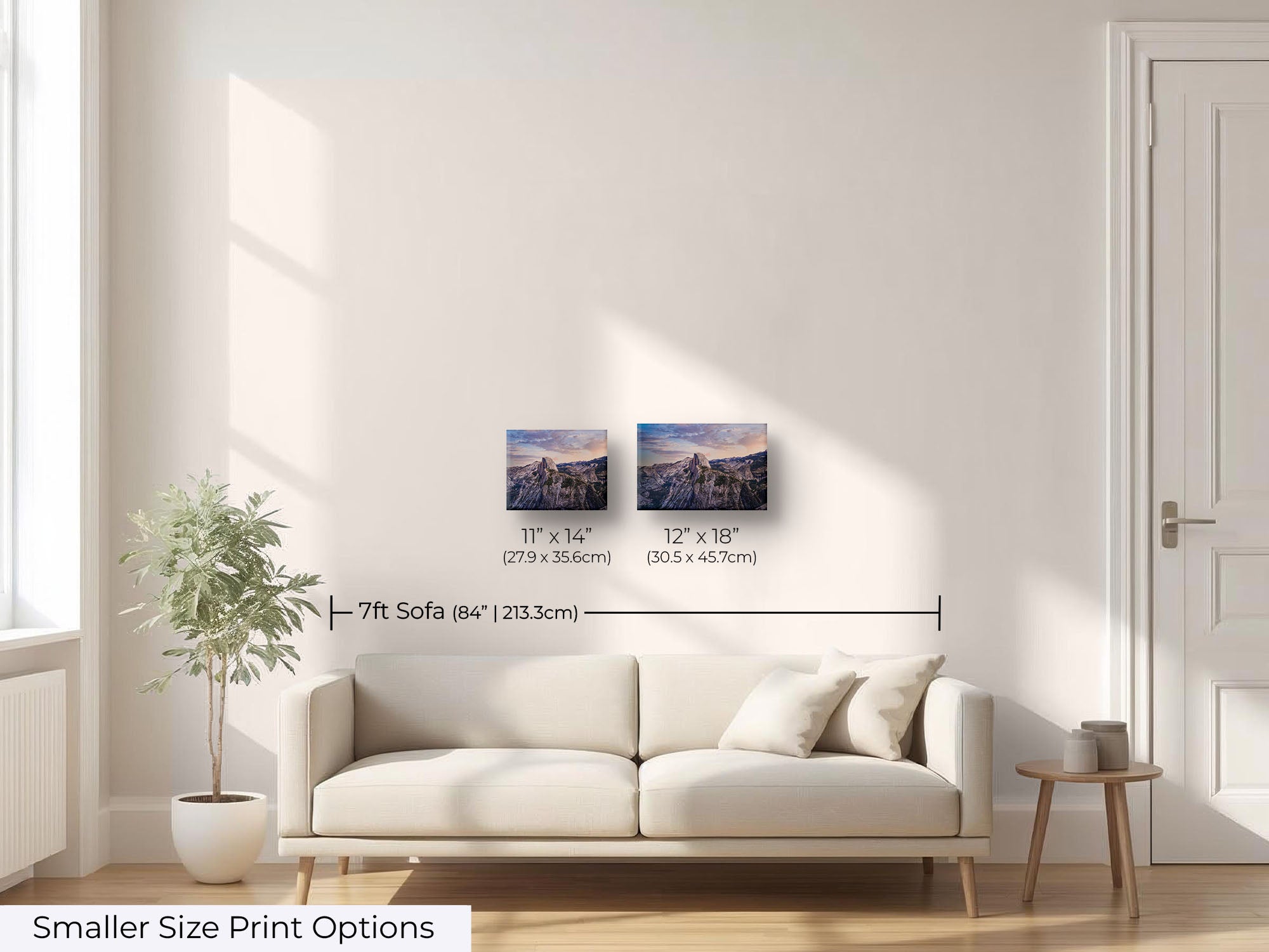 Yosemite National Park, Half Dome sunrise fine art print wall art size mockup showing 11x14 and 12x18 inch prints above a seven foot sofa