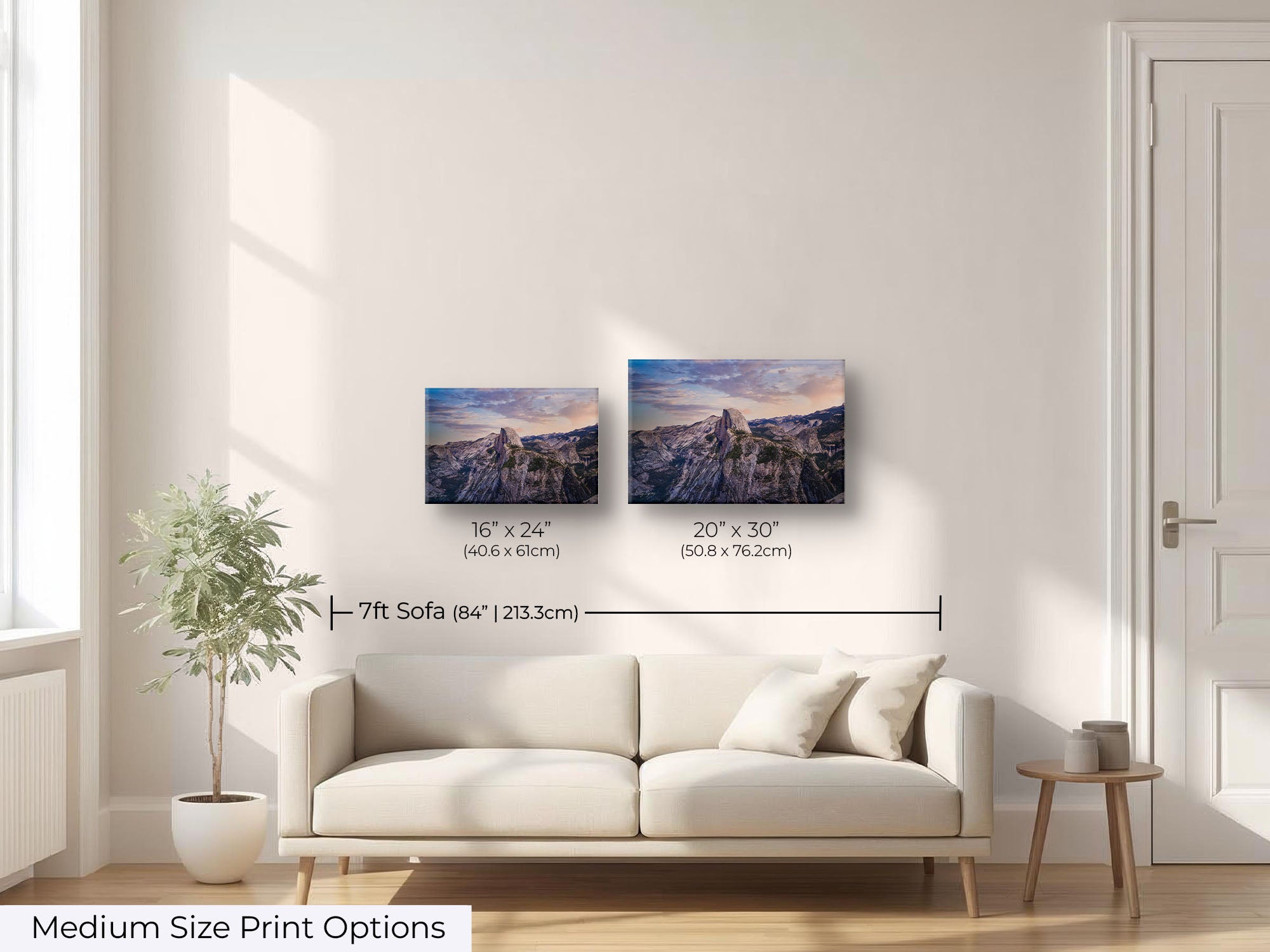 Yosemite National Park, Half Dome sunrise fine art print wall art size mockup showing 16x24 and 20x30 inch prints above a seven foot sofa