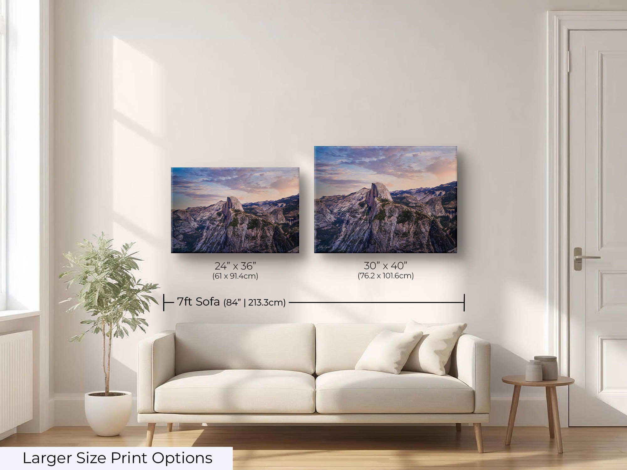 Yosemite National Park, Half Dome sunrise fine art print wall art size mockup showing 24x36 and 30x40 inch prints above a seven foot sofa