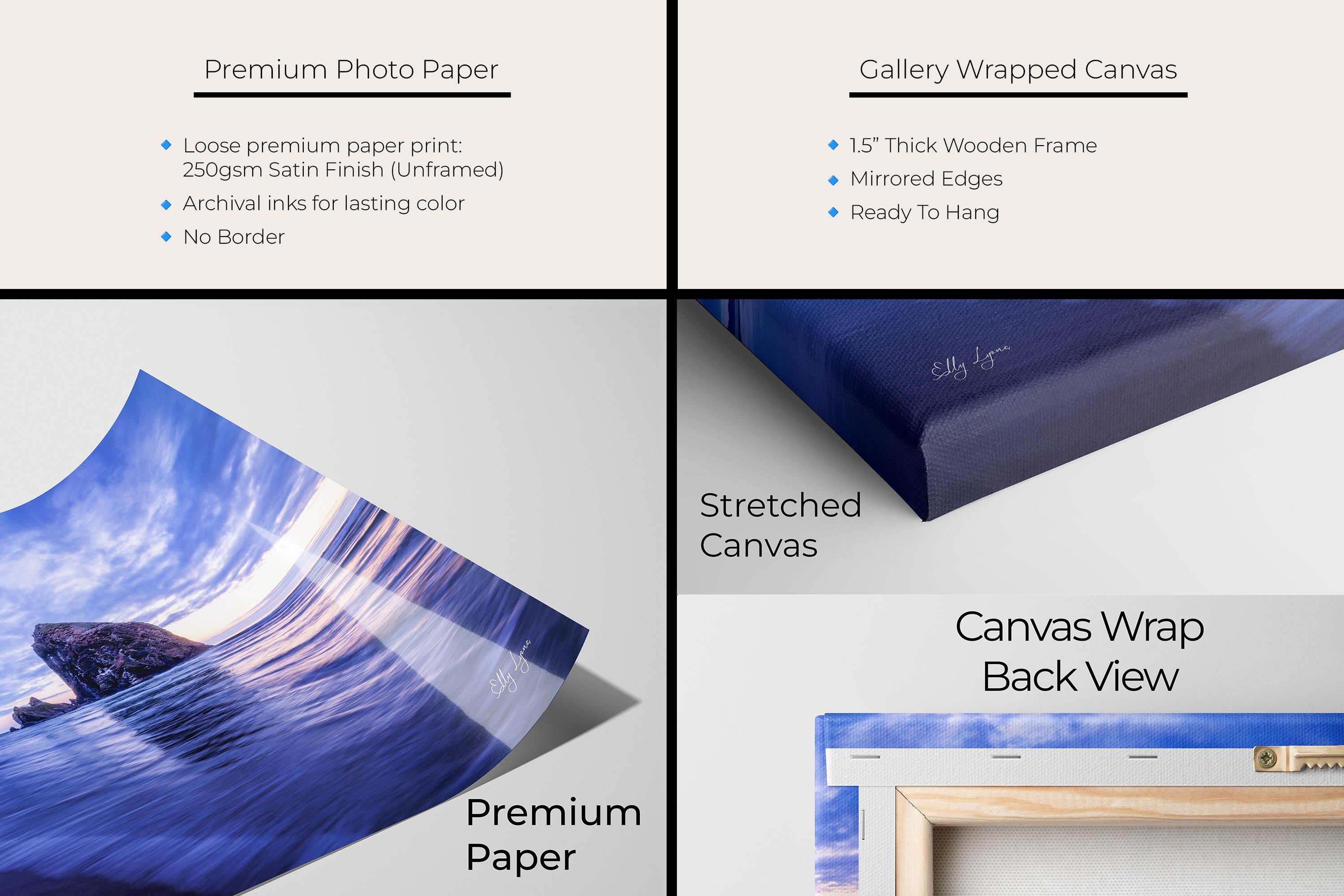 Oregon Coast Canon Beach sunset fine art print artwork materials mockup showing premium photo paper and gallery wrapped canvas close up