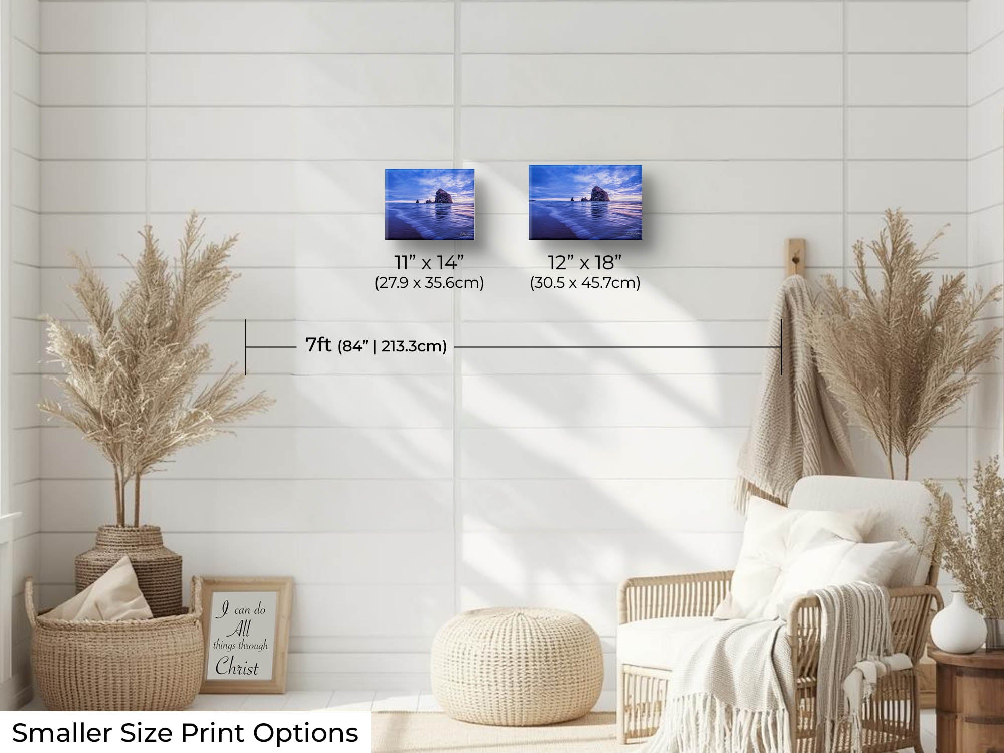 Oregon Coast Canon Beach sunset fine art print wall art size mockup showing 11x14 and 12x18 inch prints above a reading chair by a seven foot wall