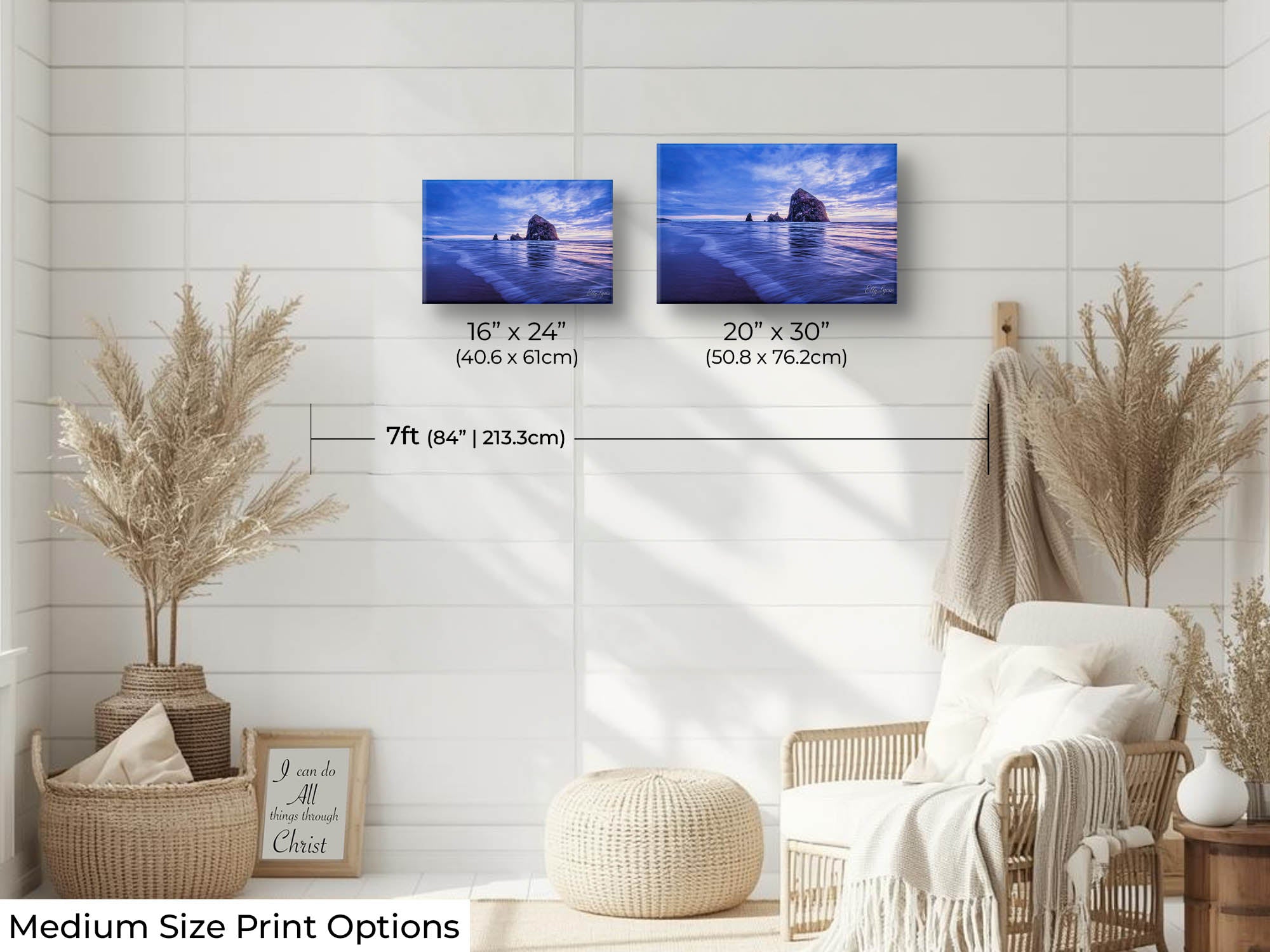 Oregon Coast Canon Beach sunset fine art print wall art size mockup showing 16x24 and 20x30 inch prints above a reading chair by a seven foot wall