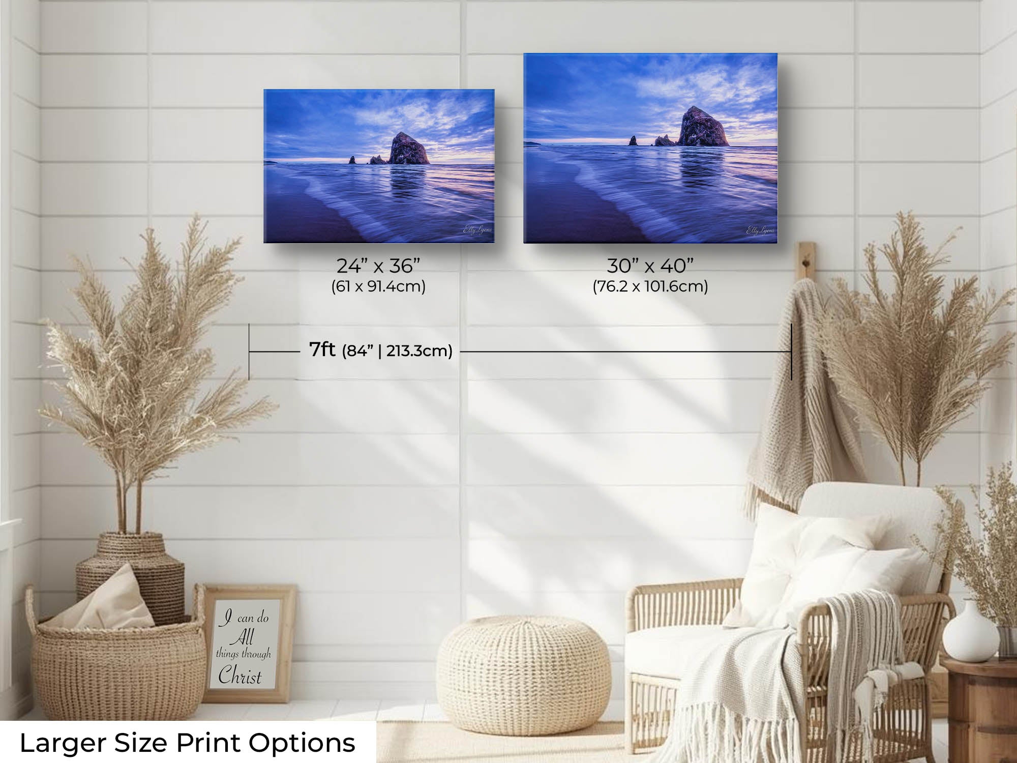 Oregon Coast Canon Beach sunset fine art print wall art size mockup showing 24x36 and 30x40 inch prints above a reading chair by a seven foot wall