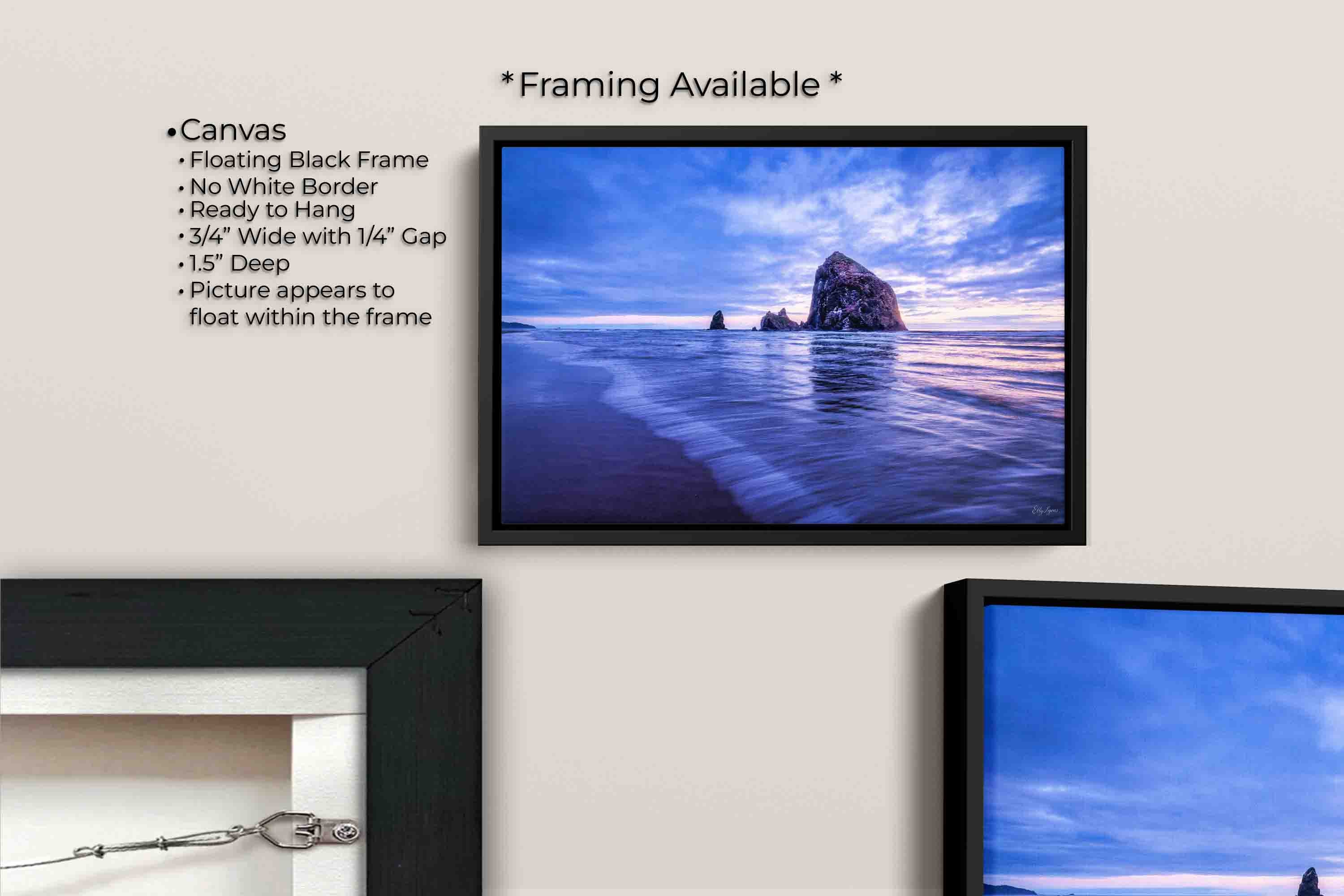 Oregon Coast Canon Beach sunset fine art print canvas wall art in black float frame, canvas framing option details
