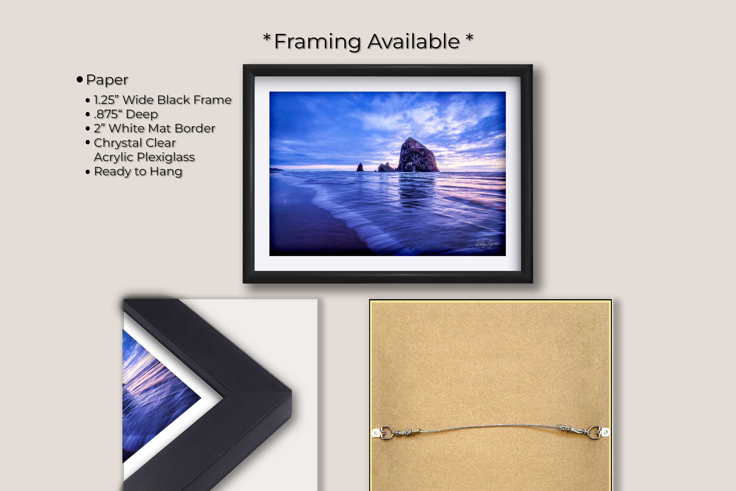 Oregon Coast Canon Beach sunset fine art print in black frame with white mat, paper and framing option details