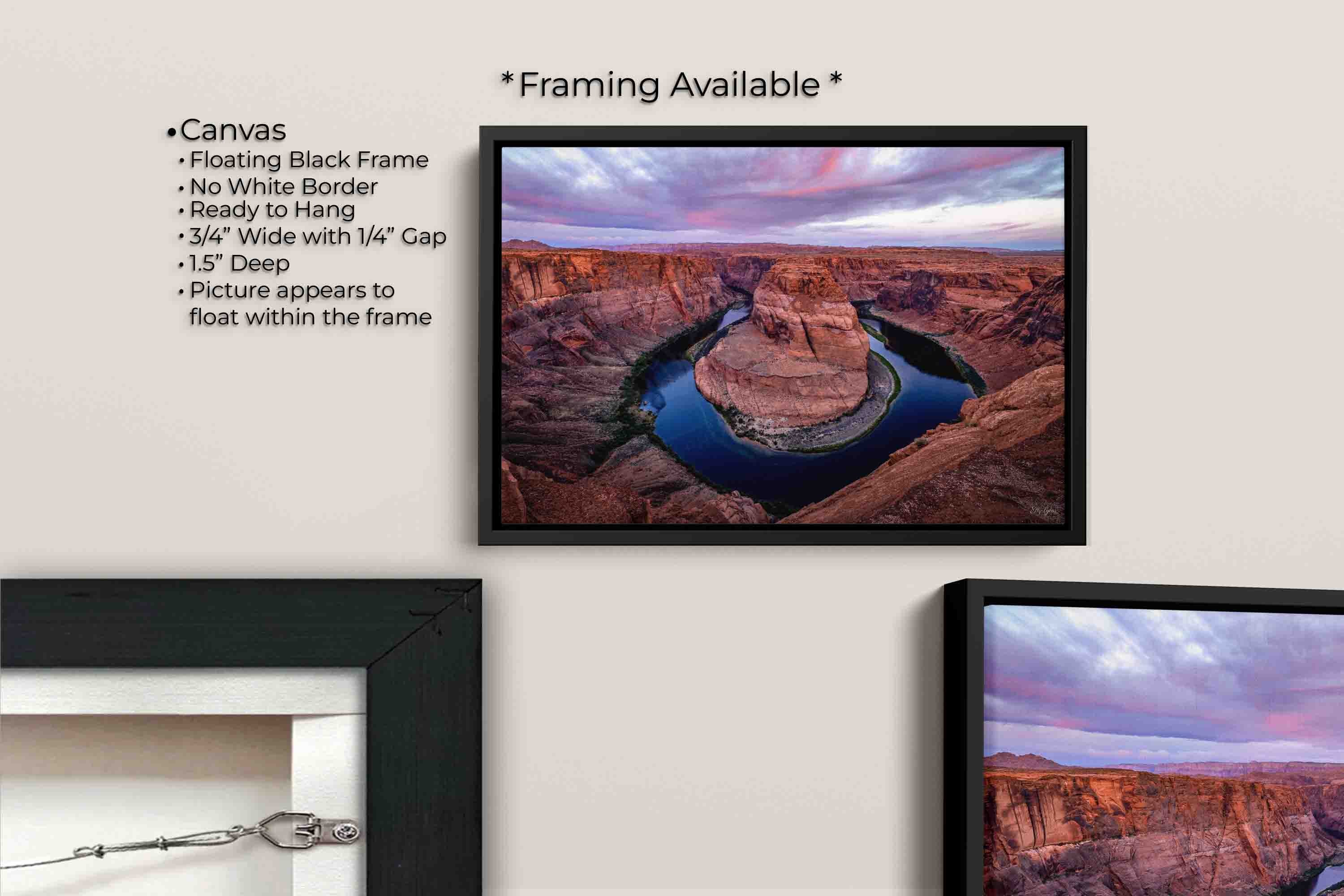 Horseshoe Bend Arizona sunrise fine art print canvas wall art in black float frame, canvas framing option details