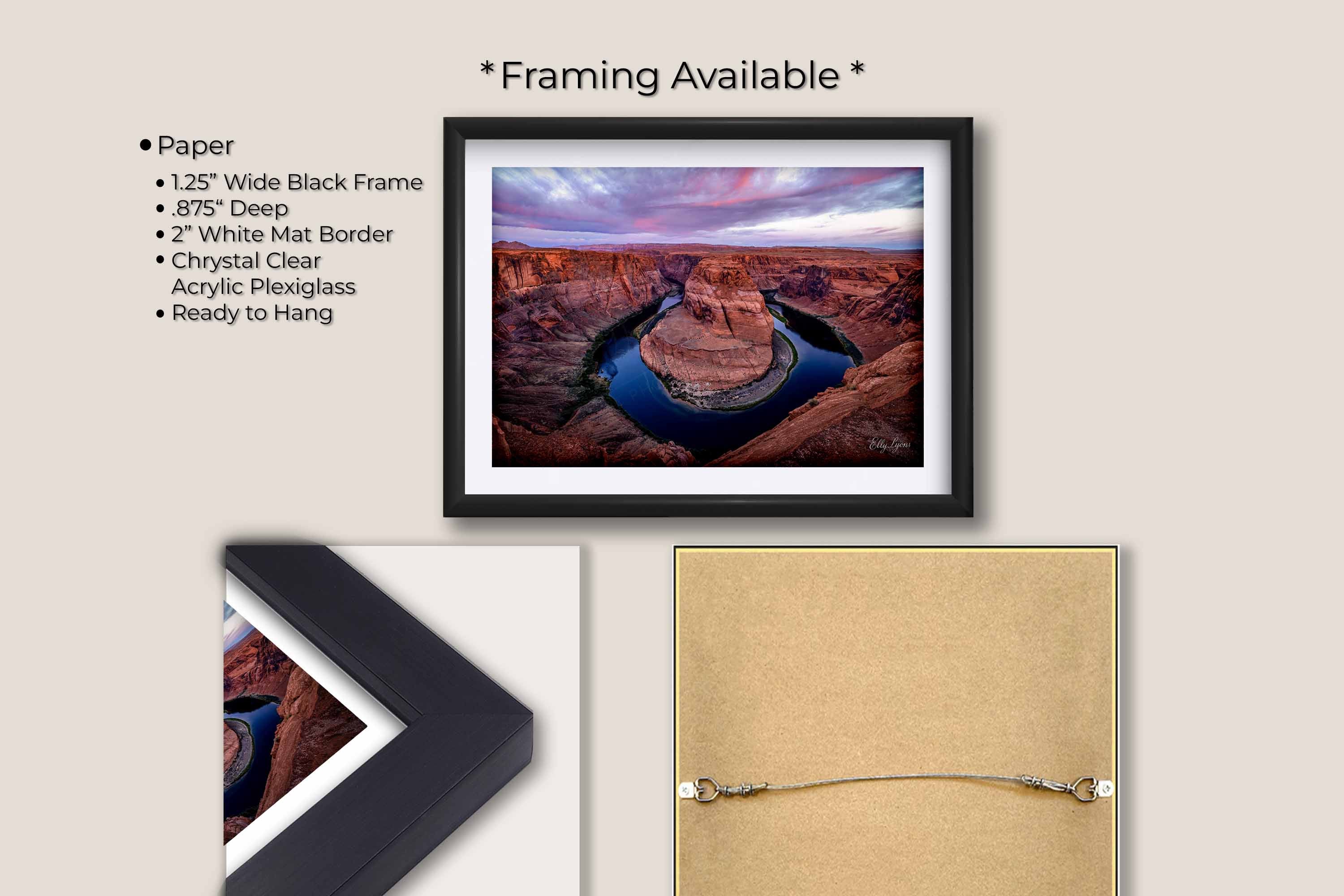 Horseshoe Bend Arizona sunrise fine art print in black frame with white mat, paper and framing option details