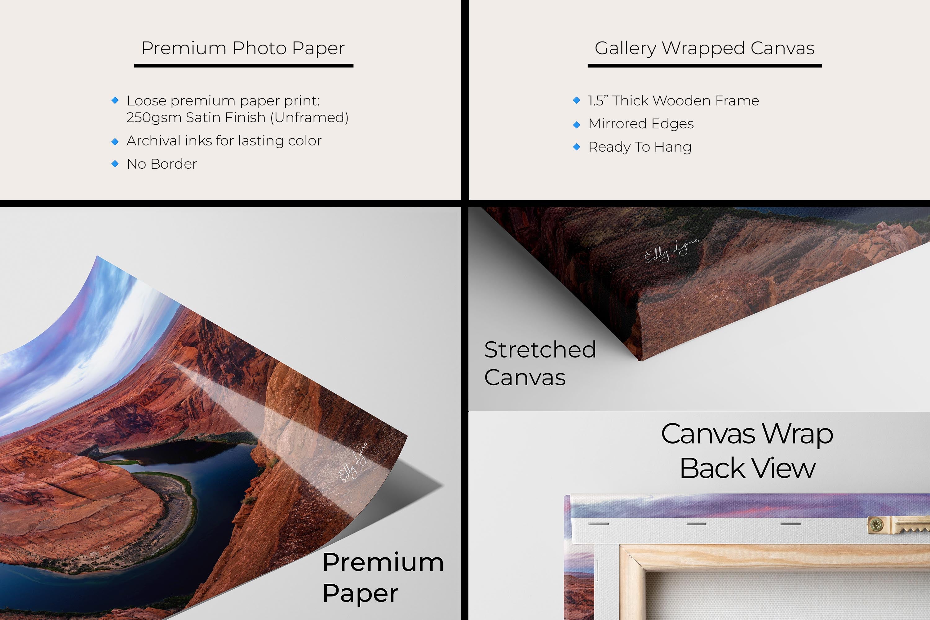 Horseshoe Bend Arizona sunrise fine art print artwork materials mockup showing premium photo paper and gallery wrapped canvas close up