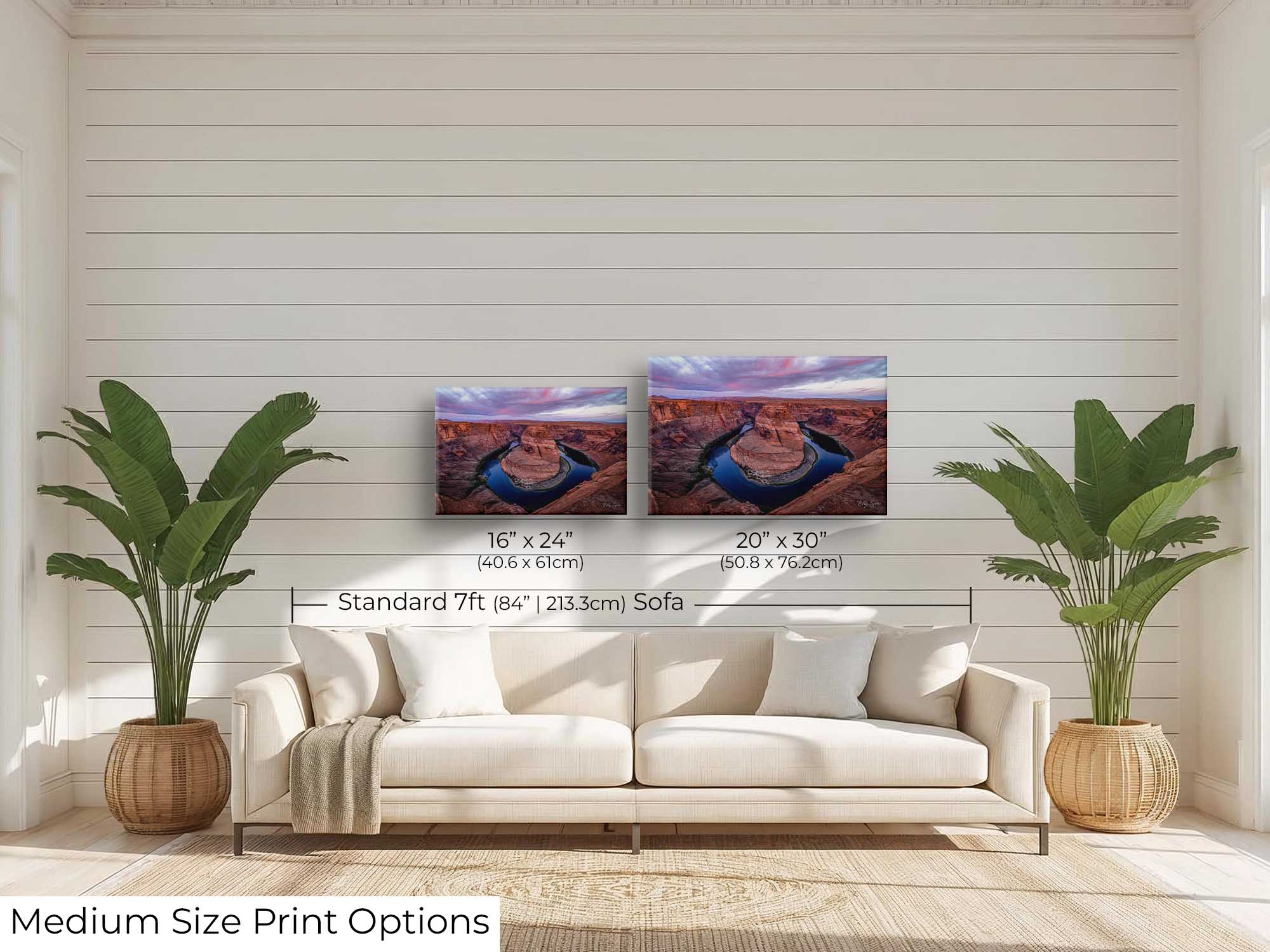 Horseshoe Bend Arizona sunrise fine art print wall art size mockup showing 16x24 and 20x30 inch prints above a seven foot sofa 