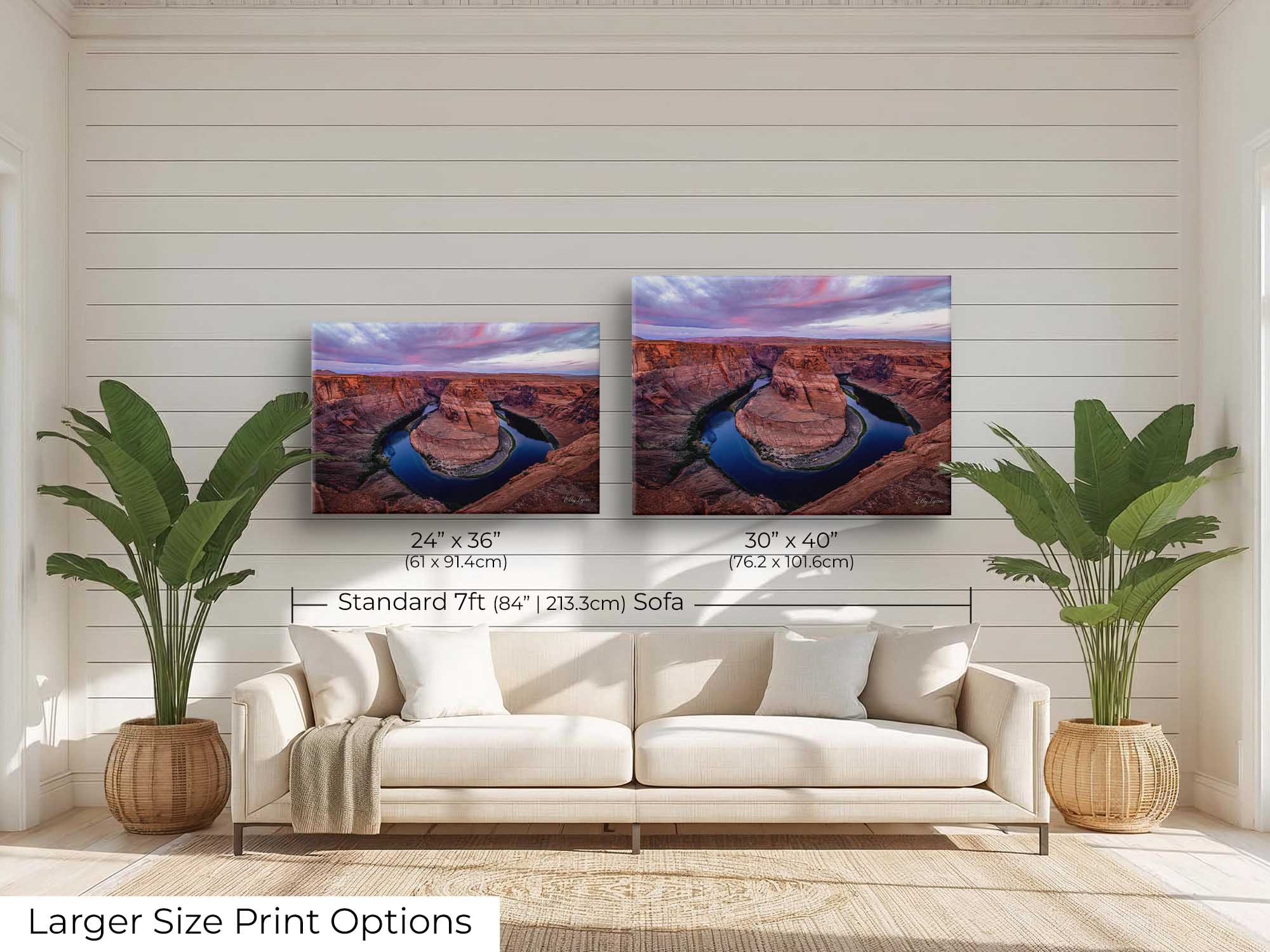 Horseshoe Bend Arizona sunrise fine art print wall art size mockup showing 24x36 and 30x40 inch prints above a seven foot sofa 