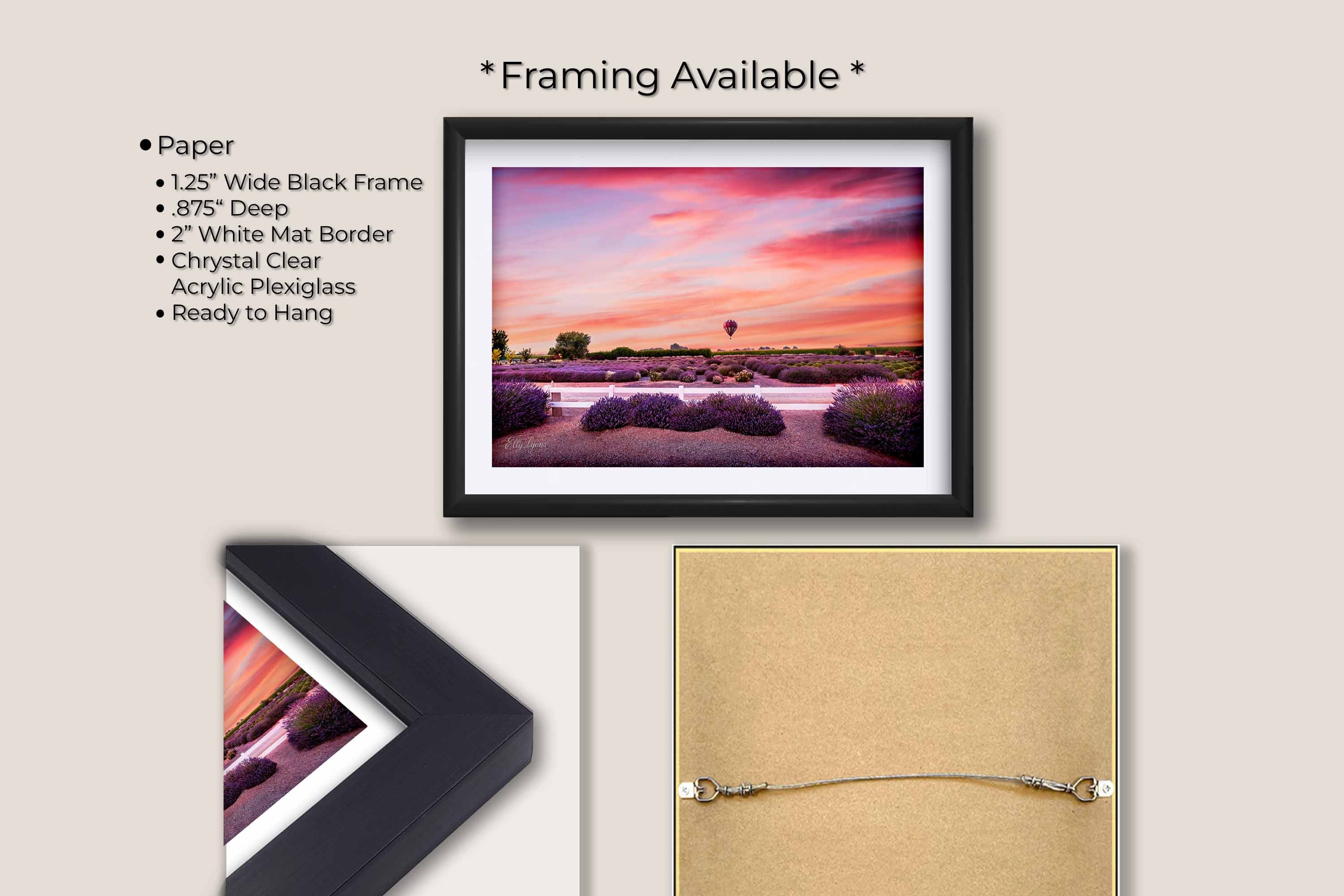 A hot air balloon over a lavender field during sunset fine art print in black frame with white mat, paper and framing option details