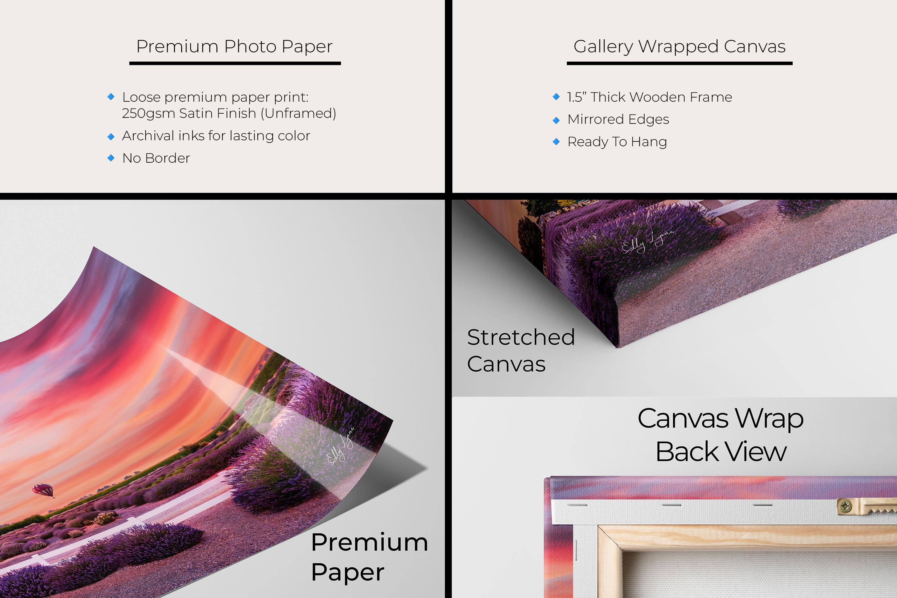 A hot air balloon over a lavender field during sunset fine art print artwork materials mockup showing premium photo paper and gallery wrapped canvas close up