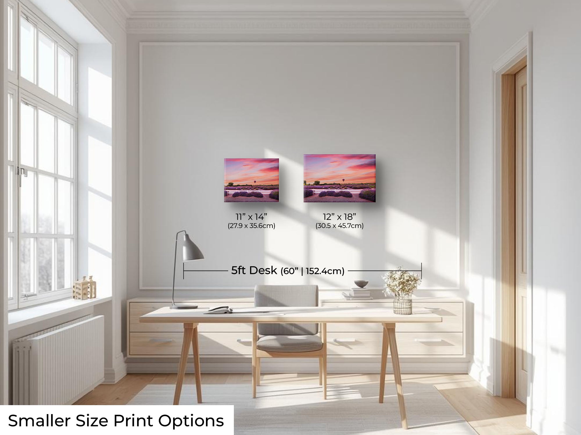 A hot air balloon over a lavender field during sunset fine art print wall art size mockup showing 11x14 and 12x18 inch prints above a five foot office desk and chair in a bright office 