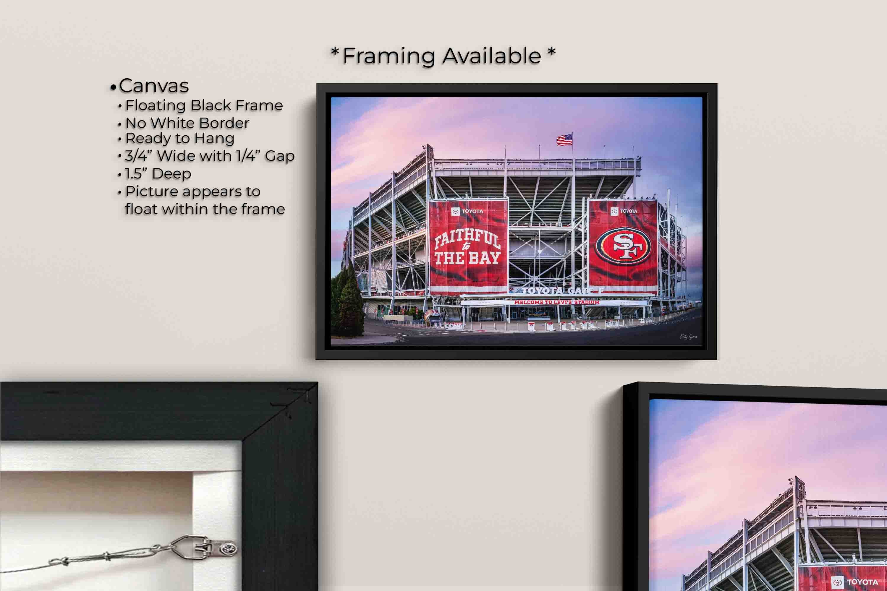 Levi’s Stadium, San Francisco 49ers sunrise fine art print canvas wall art in black float frame, canvas framing option details