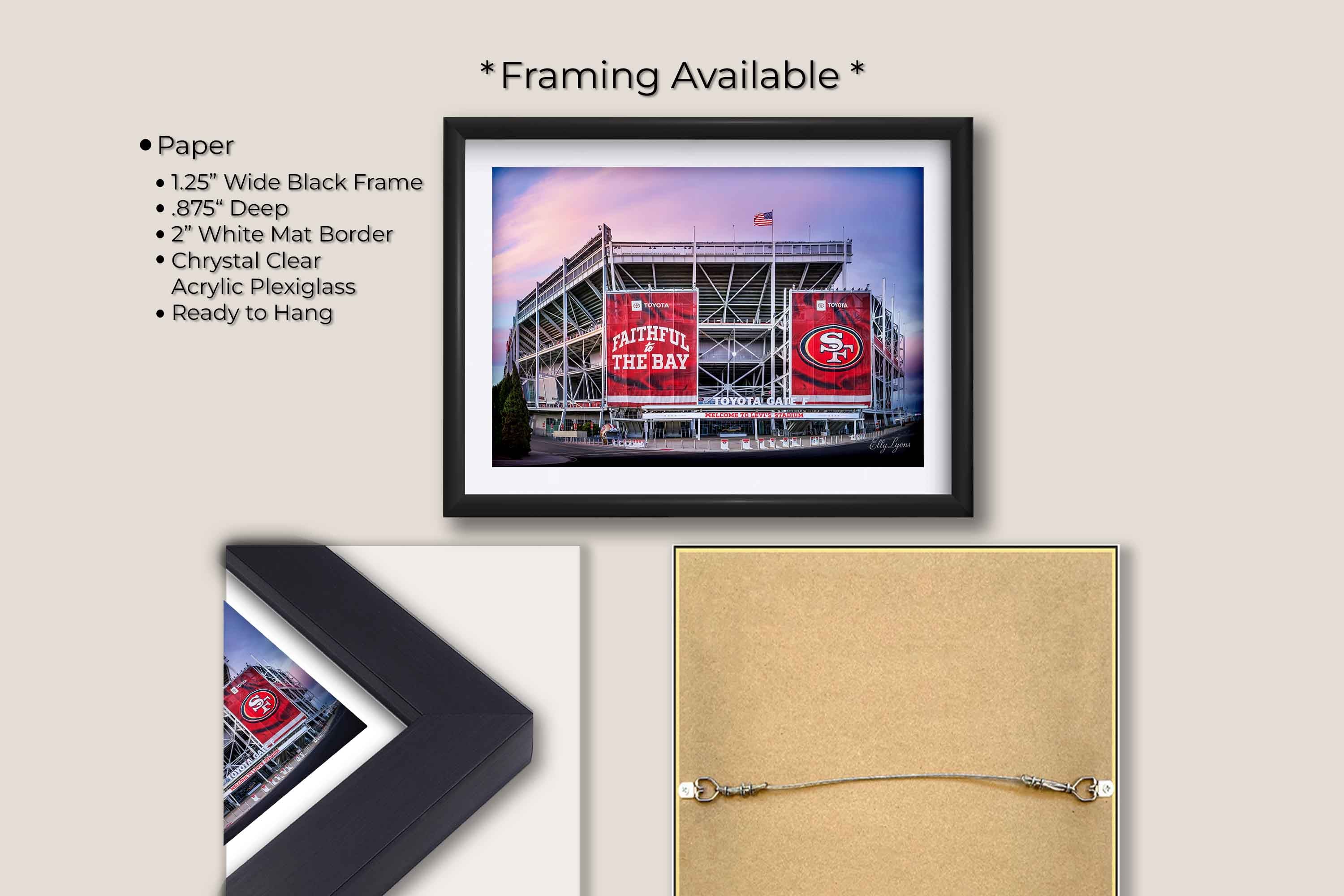Levi’s Stadium, San Francisco 49ers sunrise fine art print in black frame with white mat, paper and framing option details