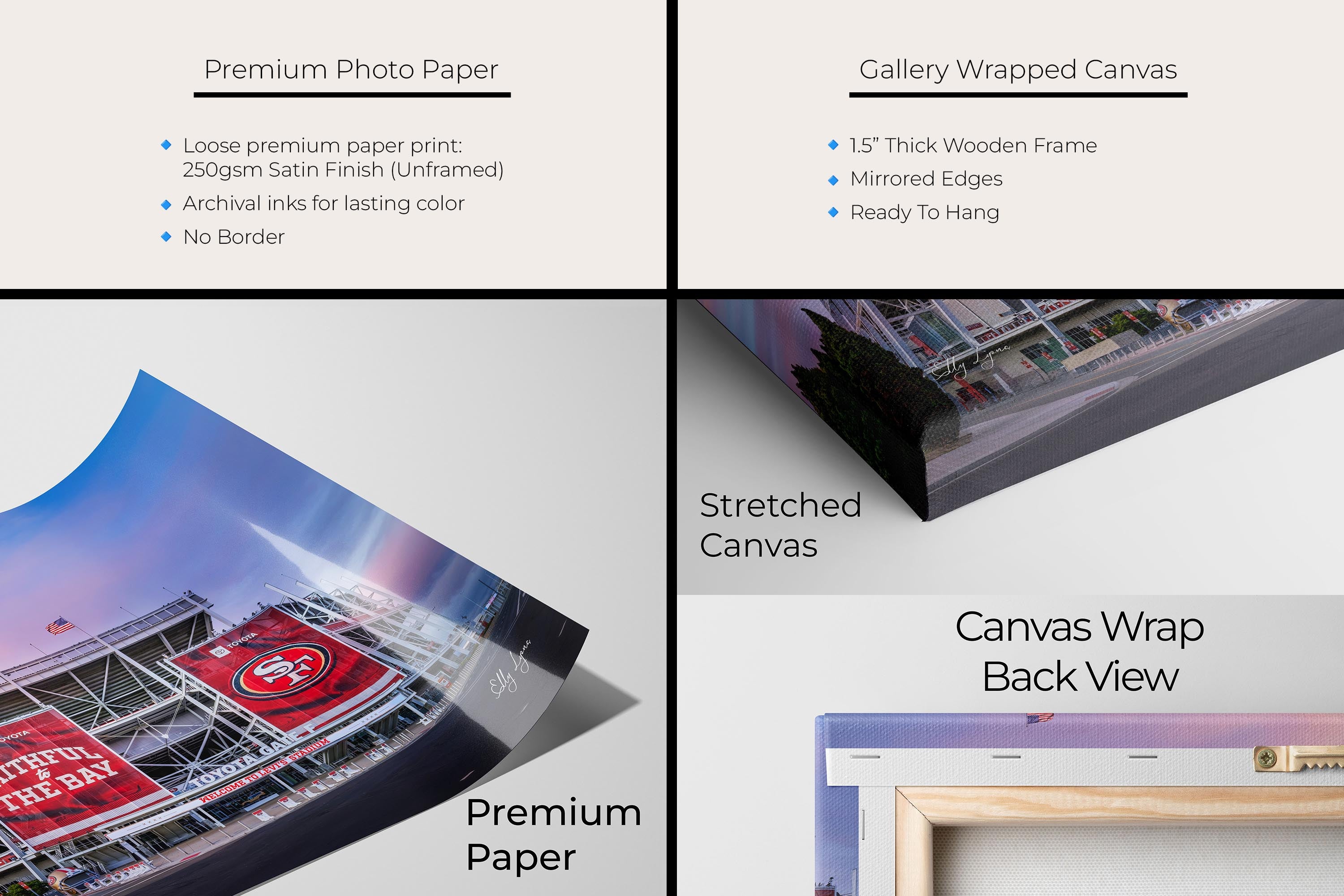 Levi’s Stadium, San Francisco 49ers sunrise fine art print artwork materials mockup showing premium photo paper and gallery wrapped canvas close up