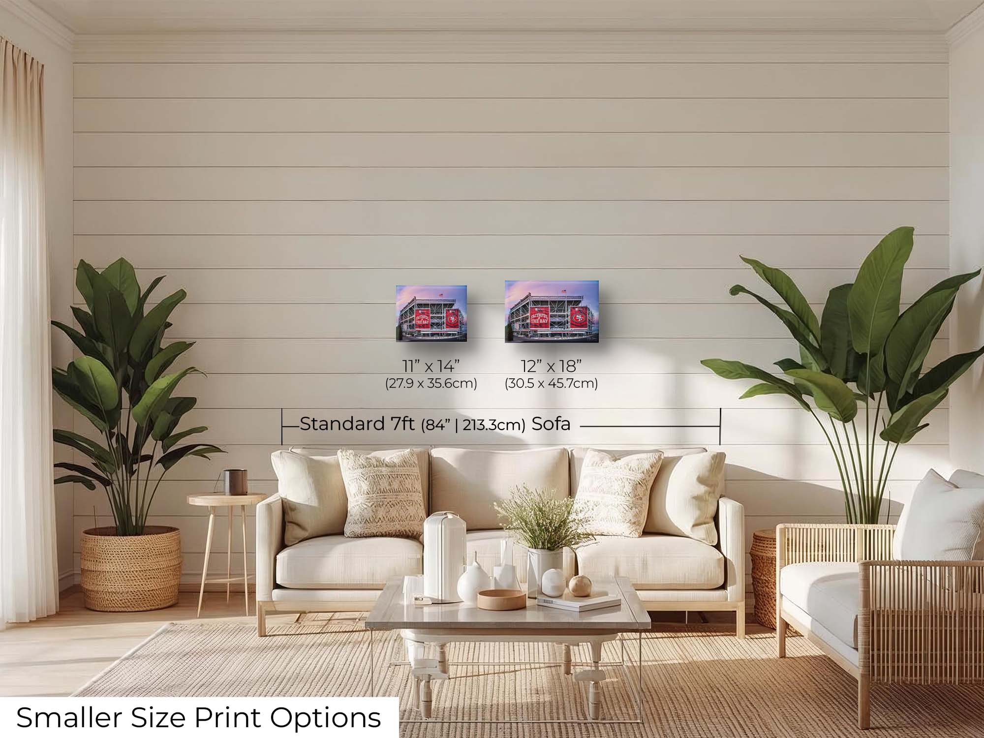 Levi’s Stadium, San Francisco 49ers sunrise fine art print wall art size mockup showing 11x14 and 12x18 inch prints above a seven foot sofa 