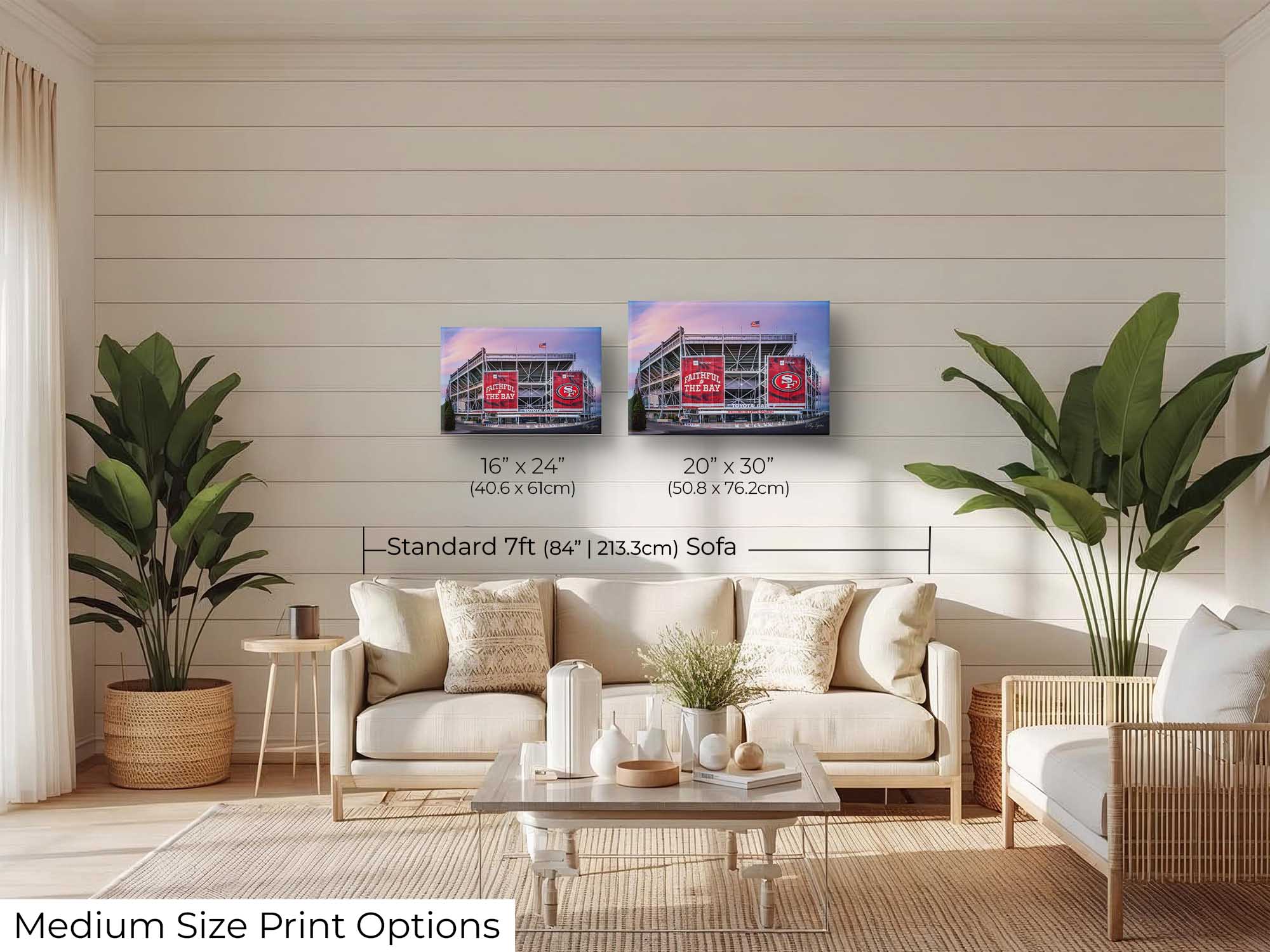 Levi’s Stadium, San Francisco 49ers sunrise fine art print wall art size mockup showing 16x24 and 20x30 inch prints above a seven foot sofa 
