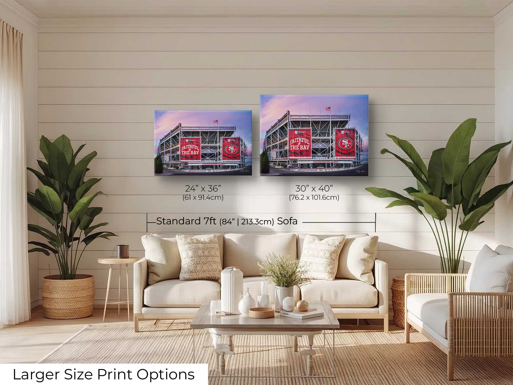 Levi’s Stadium, San Francisco 49ers sunrise fine art print wall art size mockup showing 24x36 and 30x40 inch prints above a seven foot sofa 