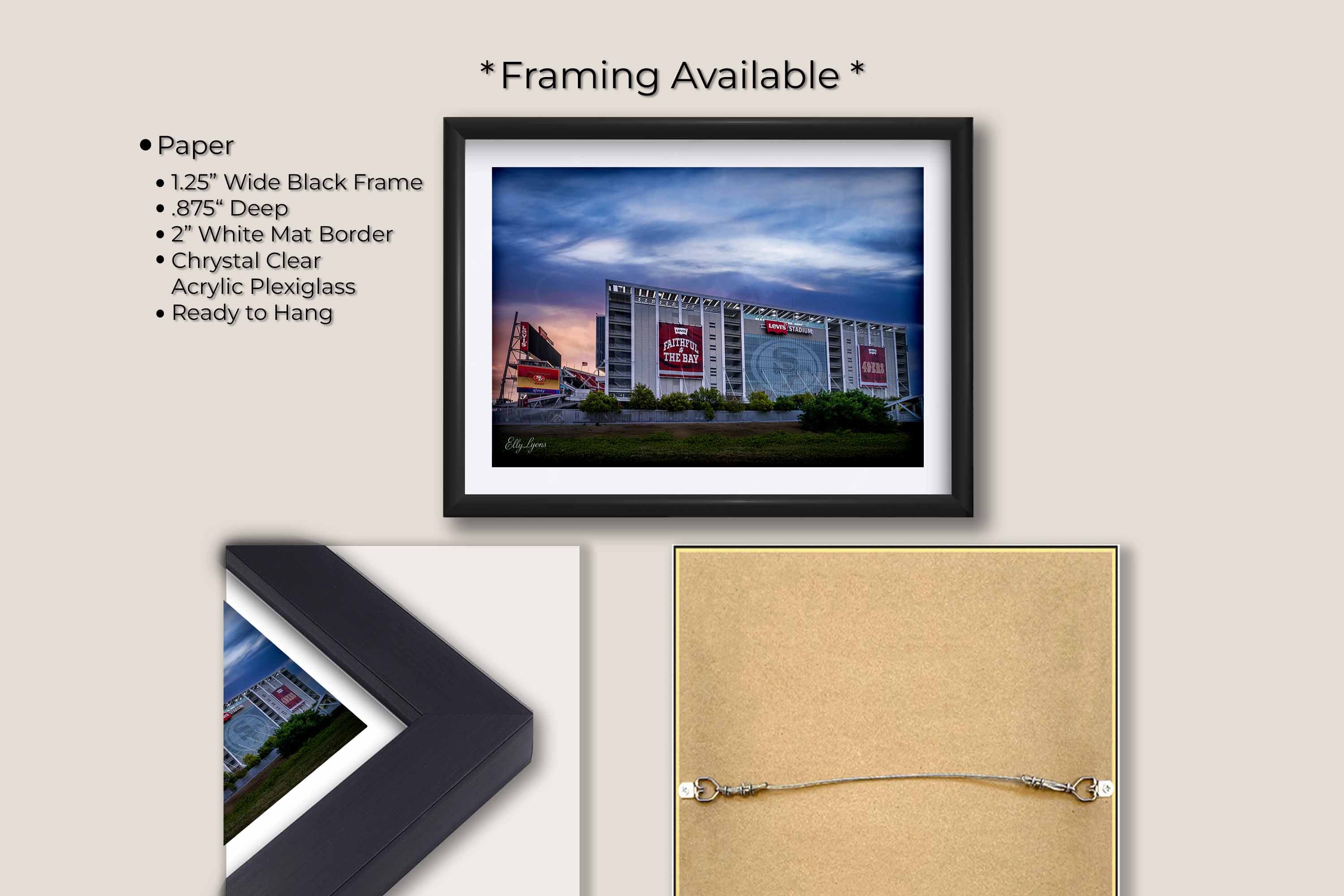 Levi’s Stadium sunrise fine art print in black frame with white mat, paper and framing option details