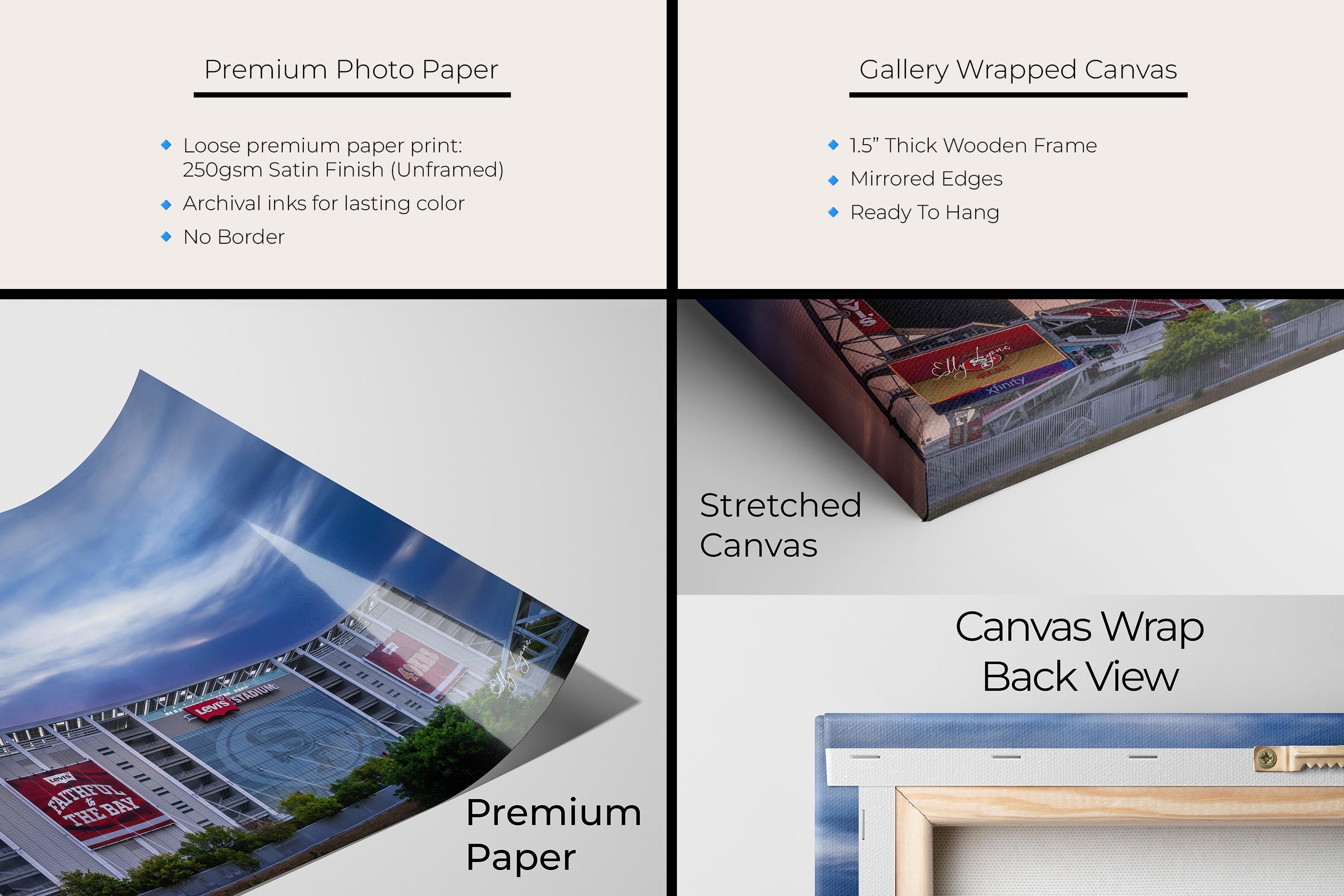 Levi’s Stadium sunrise fine art print artwork materials mockup showing premium photo paper and gallery wrapped canvas close up