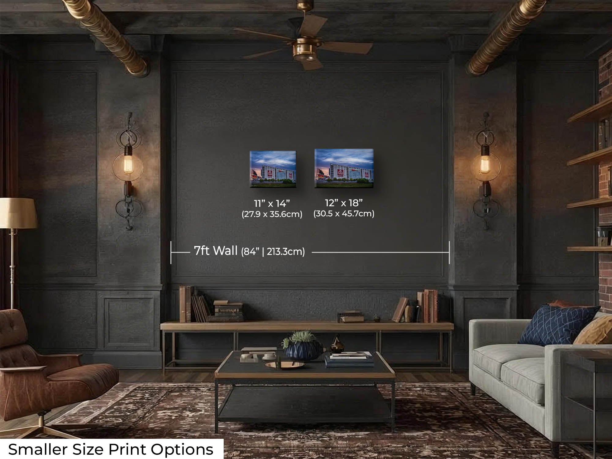Levi’s Stadium sunrise fine art print wall art size mockup showing 11x14 and 12x18 inch prints above a coffee table along a seven foot wall