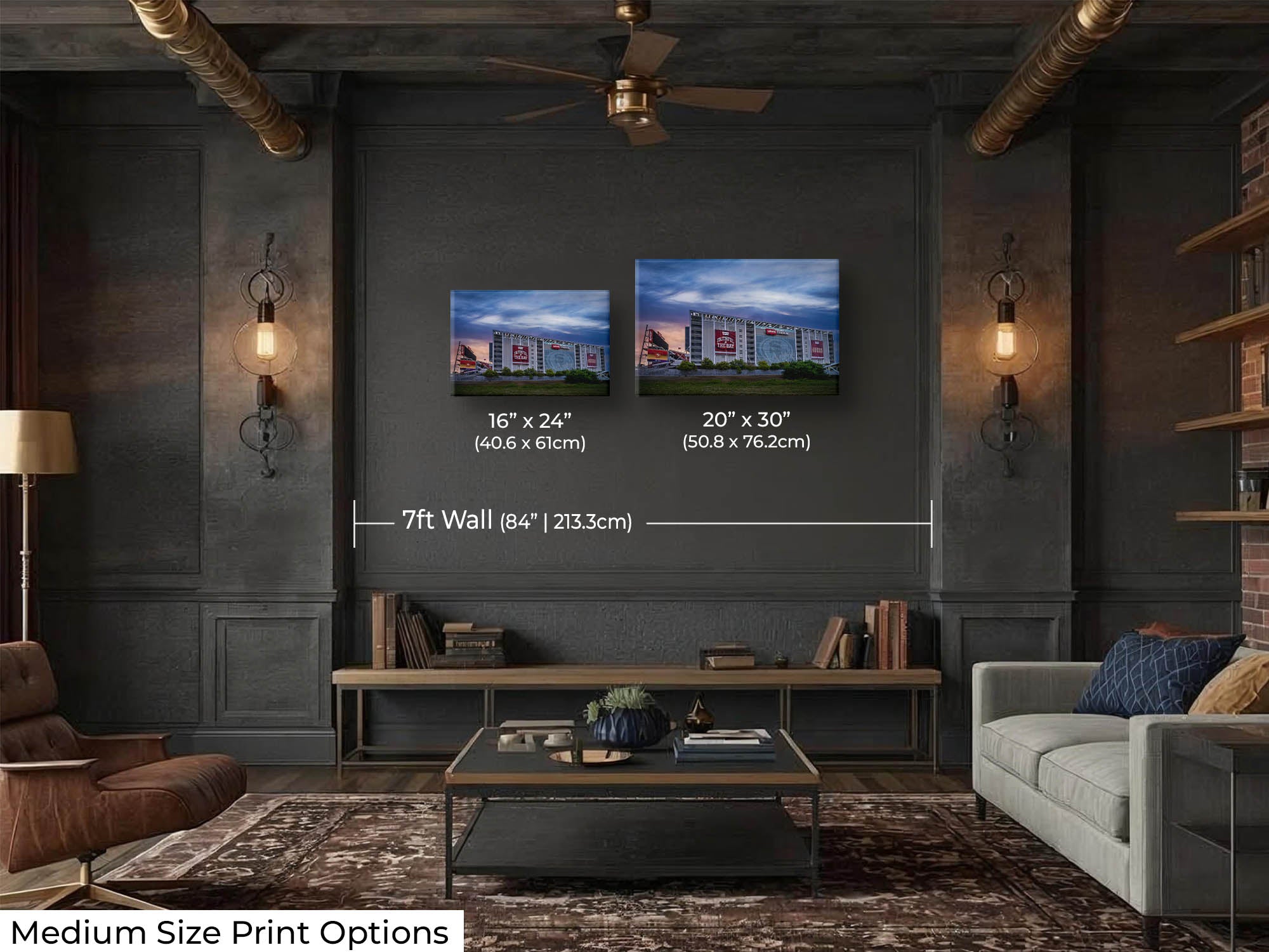 Levi’s Stadium sunrise fine art print wall art size mockup showing 16x24 and 20x30 inch prints above a coffee table along a seven foot wall